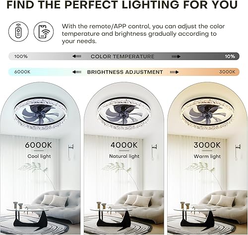 Miniatura 3 de STERREN Ventilador de techo de cristal con luz, ventiladores de techo modernos de perfil bajo de 19.7 pulgadas con control remoto, ventilador LED de