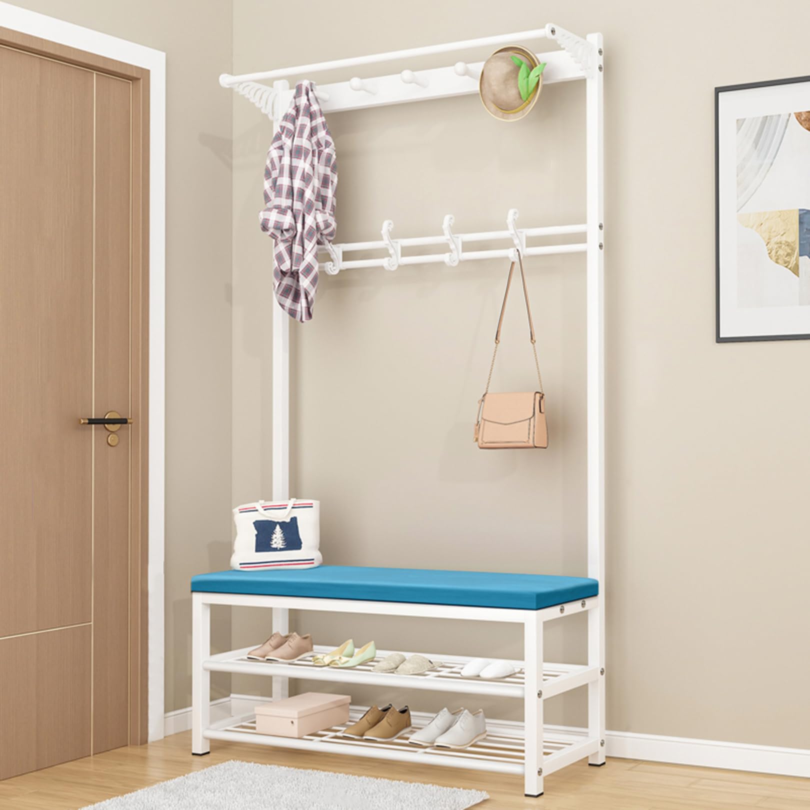 GHFXSCV Farmhouse Entryway Hall Tree with Shoe Sto Bench, Coat Rack, Hoo & Hanging Rod for Mudroom - nizer 60x33x170cm