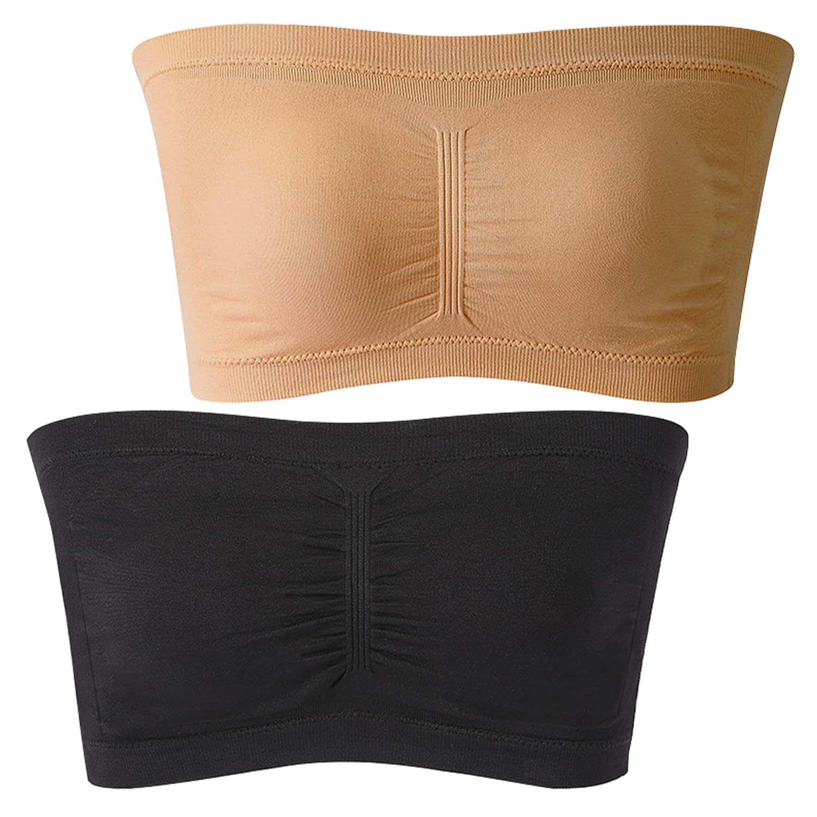mtuihfo 2 PCS Bandeau Tops Women, Strapless Bras, Bandeau Bra Padded, Tube Top Bra Bralette (UK, Alpha, XL, Regular, Black&Apricot)