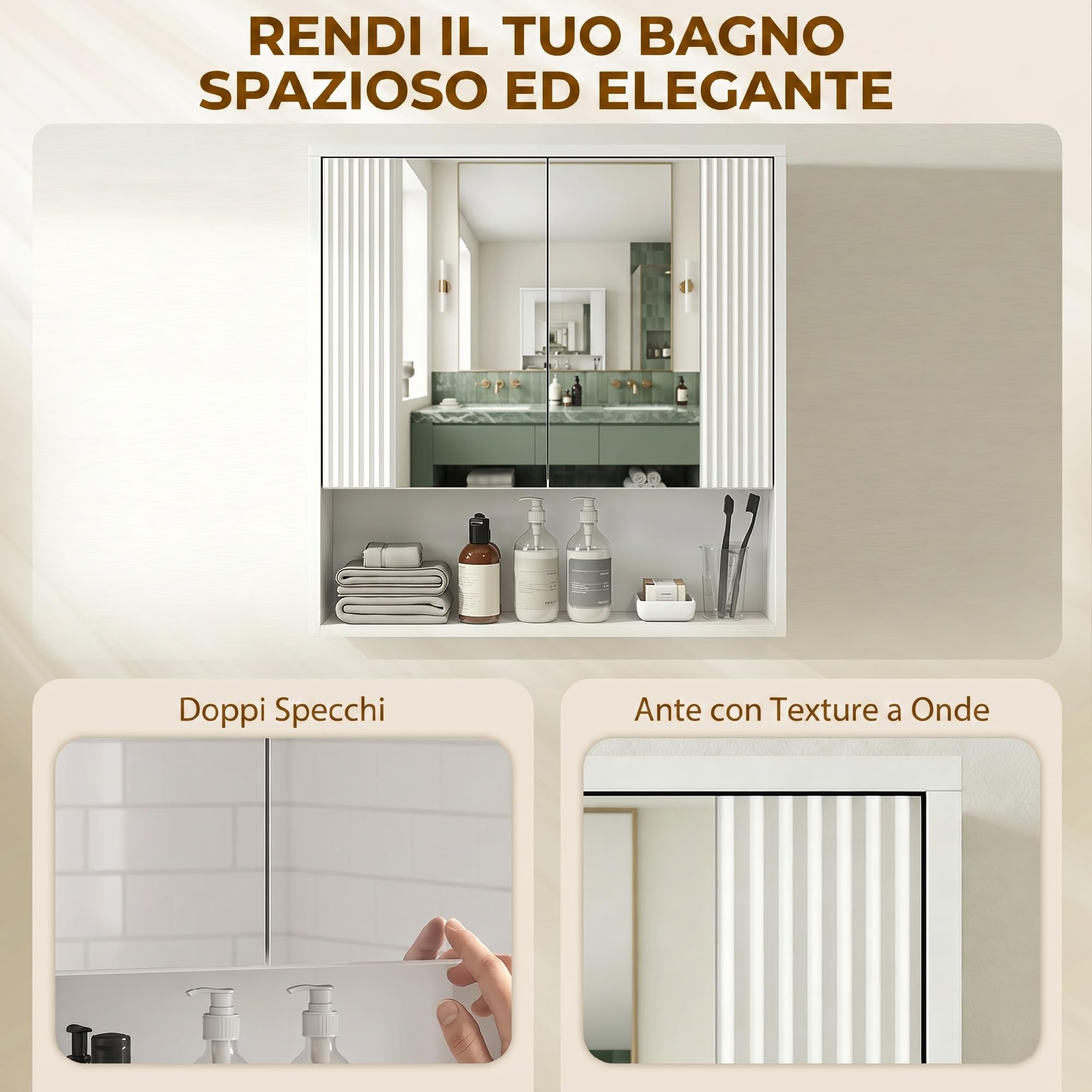 HOMCOM Mobile Bagno da Parete, Mobiletto Bagno Pensile Sospeso Moderno con Anta Soft Close, 2 Ante Specchiate, Scomparto Aperto, Ripiano Regolabile, per Soggiorno e Ingresso, Salvaspazio, Bianco