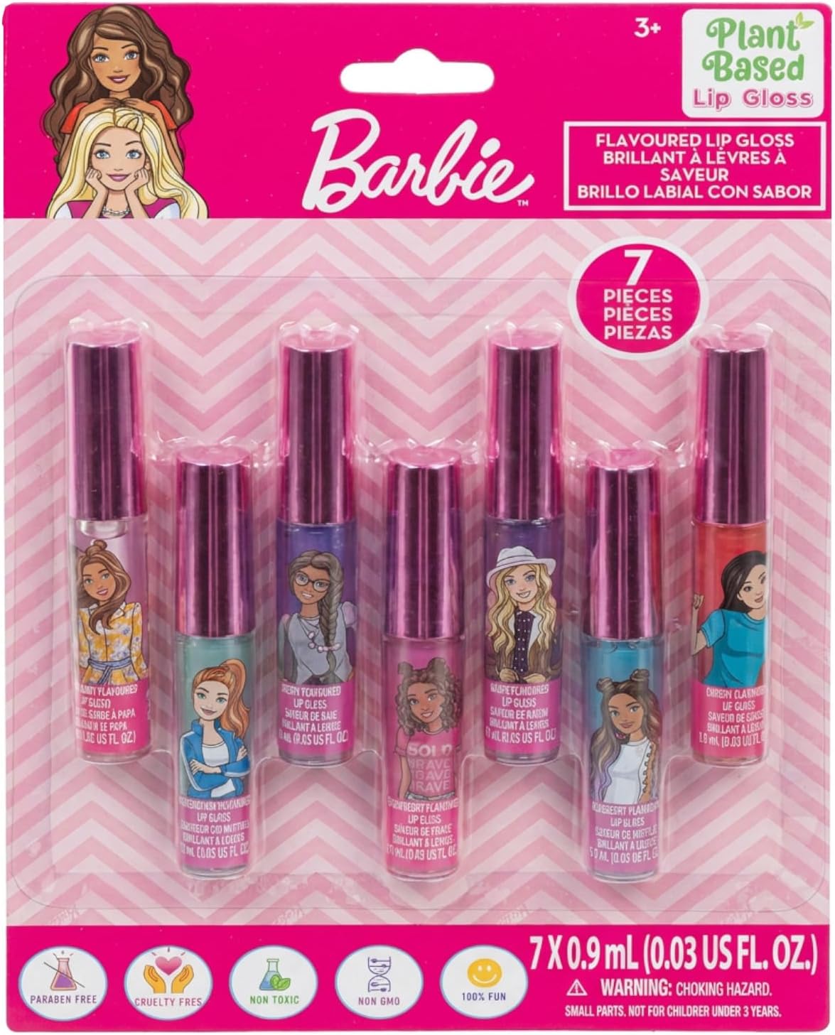 Barbie 7 Piece Plant Based Lip Gloss, Girls Party Favours, First Makeup Set for Girl, Perfect for Parties, Sleepovers and Birthday Gifts, Ages 3+, by Townley Girl