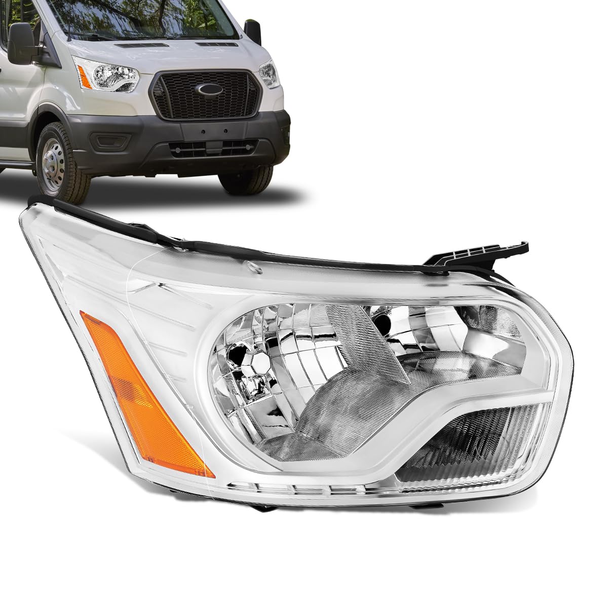 Headlights Assembly Compatible with 2015-2023 Ford Transit 150 250 350 Passenger Right Side Halogen Headlamp Chrome Housing Clear Lens Amber Corner