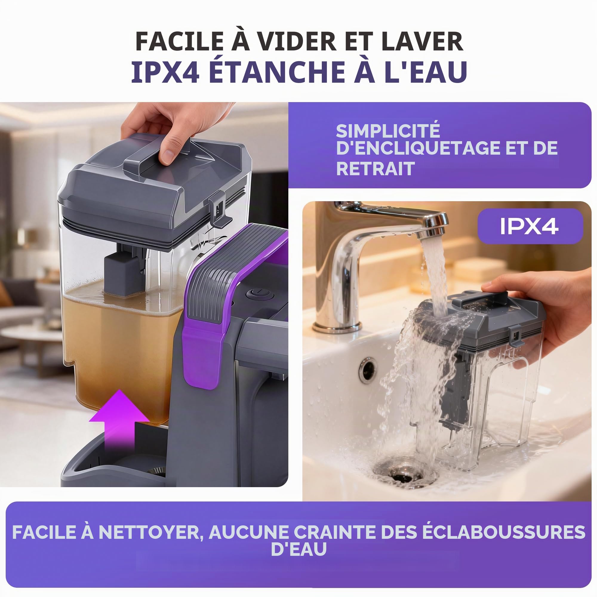 Shampouineuse 450W 13kPa, Nettoyeur Canapé Tissu et Tapis, Aspirateur Laveur pour Canapé, Voiture et Matelas, avec 3 Brosses et Double Réservoir Autonettoyant, Portable Léger 2,6kg