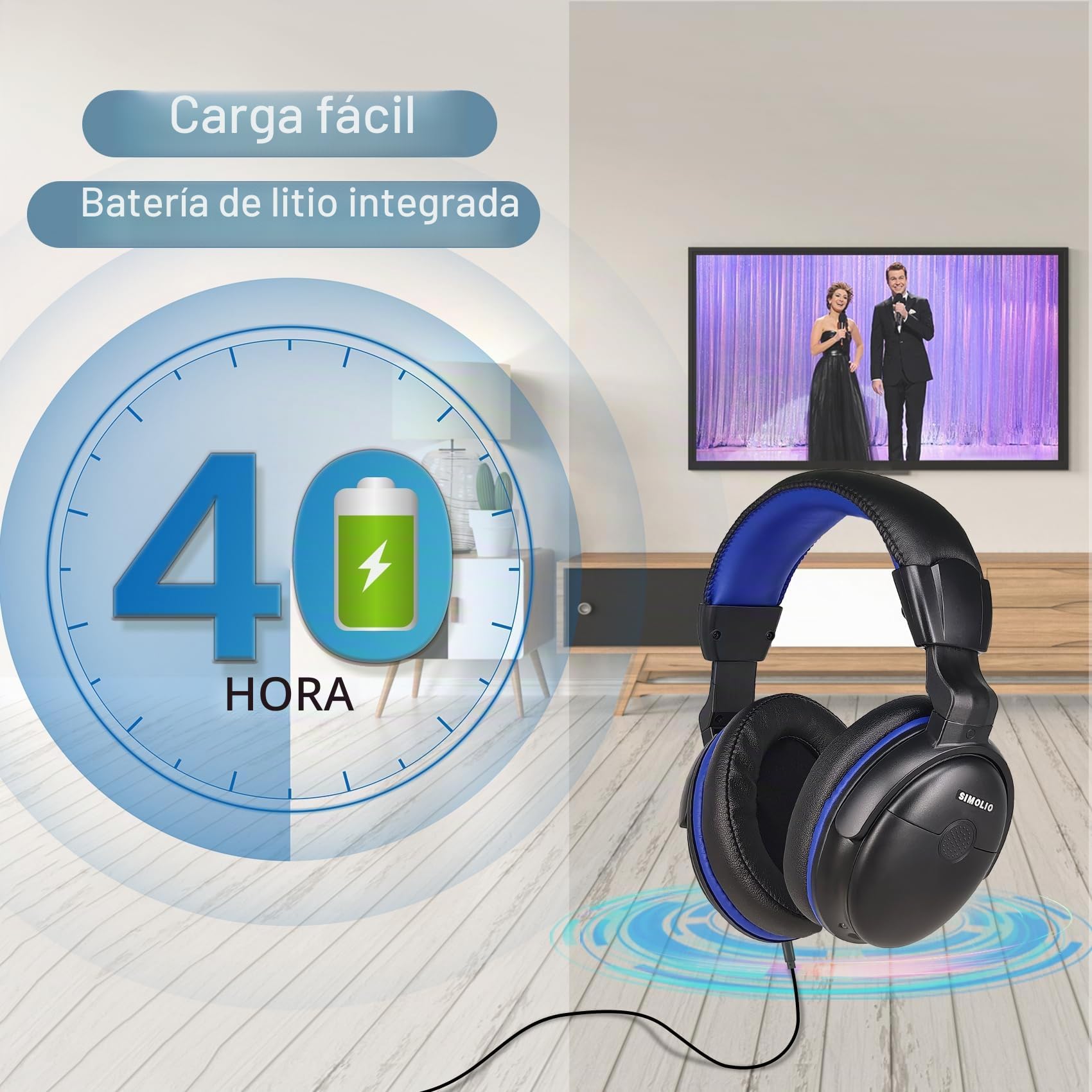 SIMOLIO Auriculares con cable extra largo para TV, amplificación de volumen y diálogo claro, cable de bobina de 5,5 m, auriculares sobre la oreja para personas mayores
