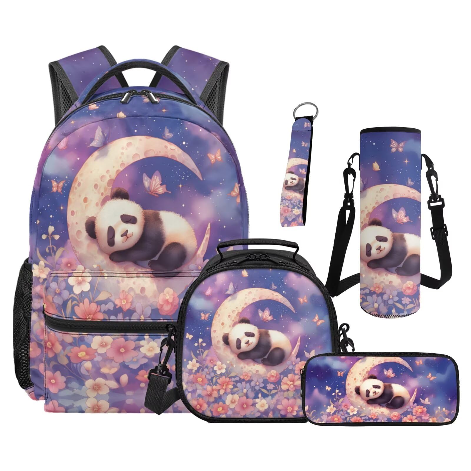 SEANATIVE Zestaw plecaków, 5 szt., wodoodporna torba na książki z torbą na lunch, Fioletowy księżyc Panda, Plecaki tornistry