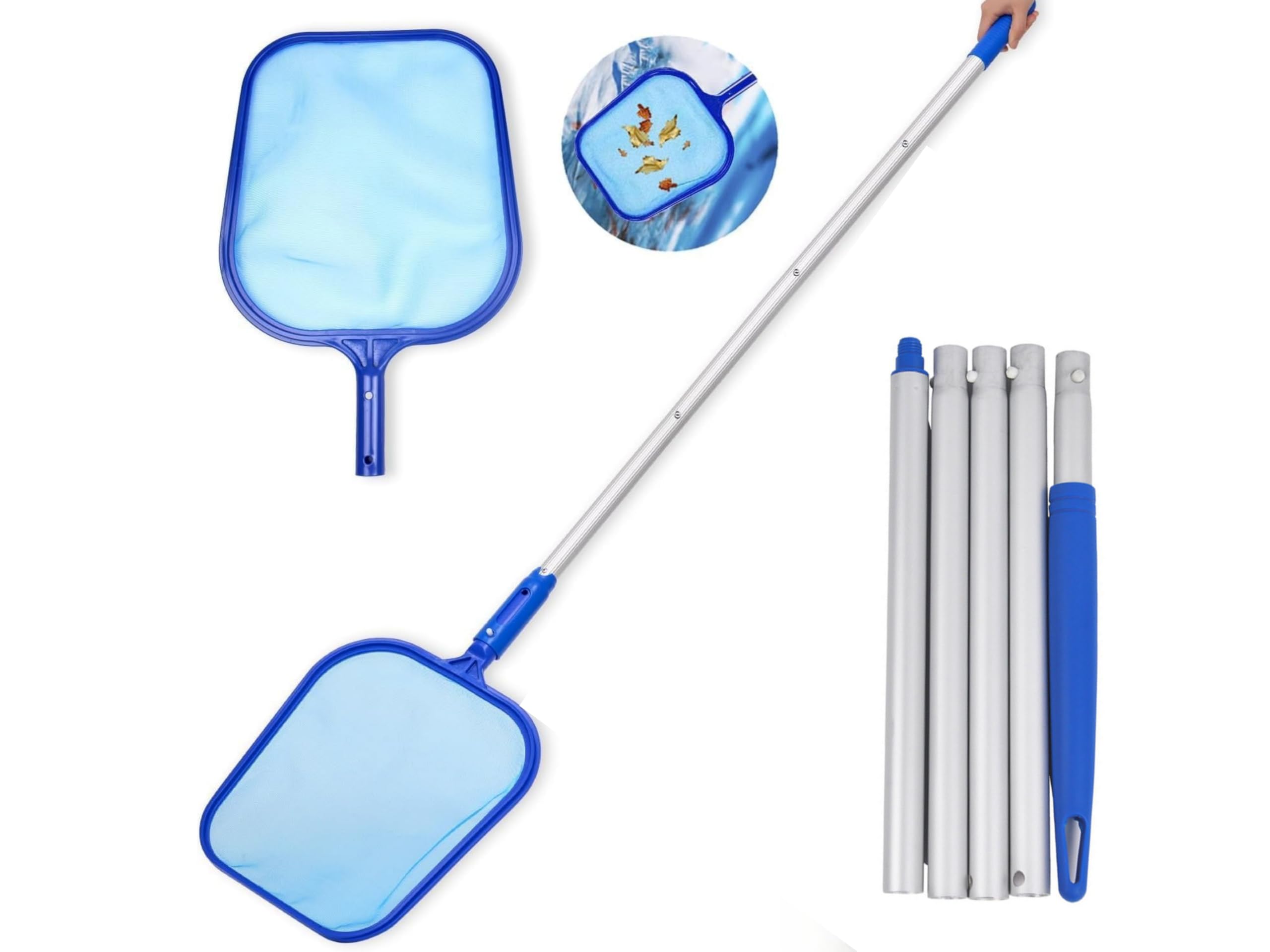 63in Pool Skimmer Net,160cm Pond Leaves Cleaning Fine Mesh Rake Net with 5 Detachable Aluminum Pole, Ponds Leaf Cleaner Supplies Swimming Pool Skimmers for Aquarium/Fountain/Hot Tub/Tank