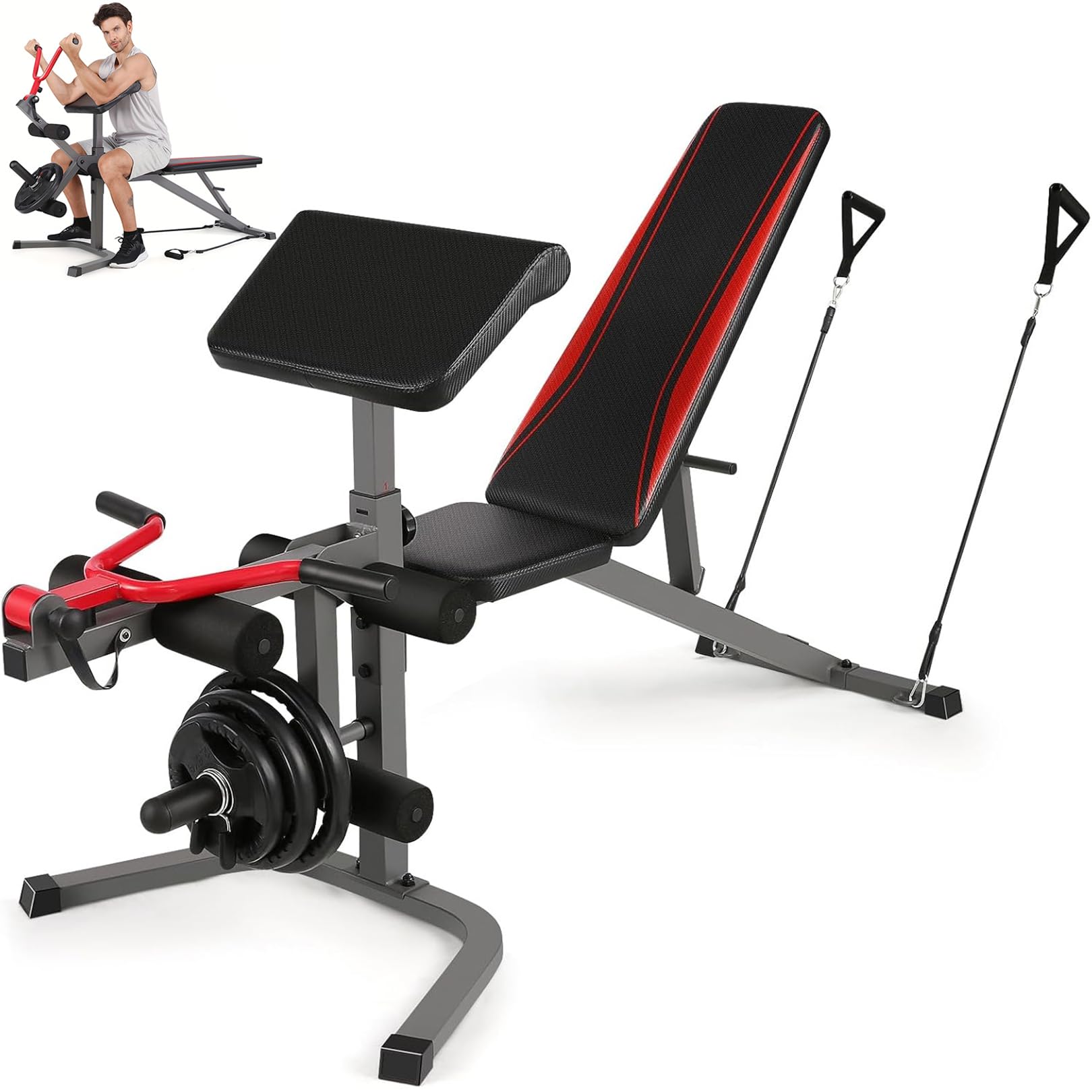 Aceshin 900LBS Adjustable Weight Bench with Preacher Curl Pad & Leg Extension, Flat Incline Decline Workout Bench for Home Gym, Heavy Duty Bench Press Set for Full Body Strength Training