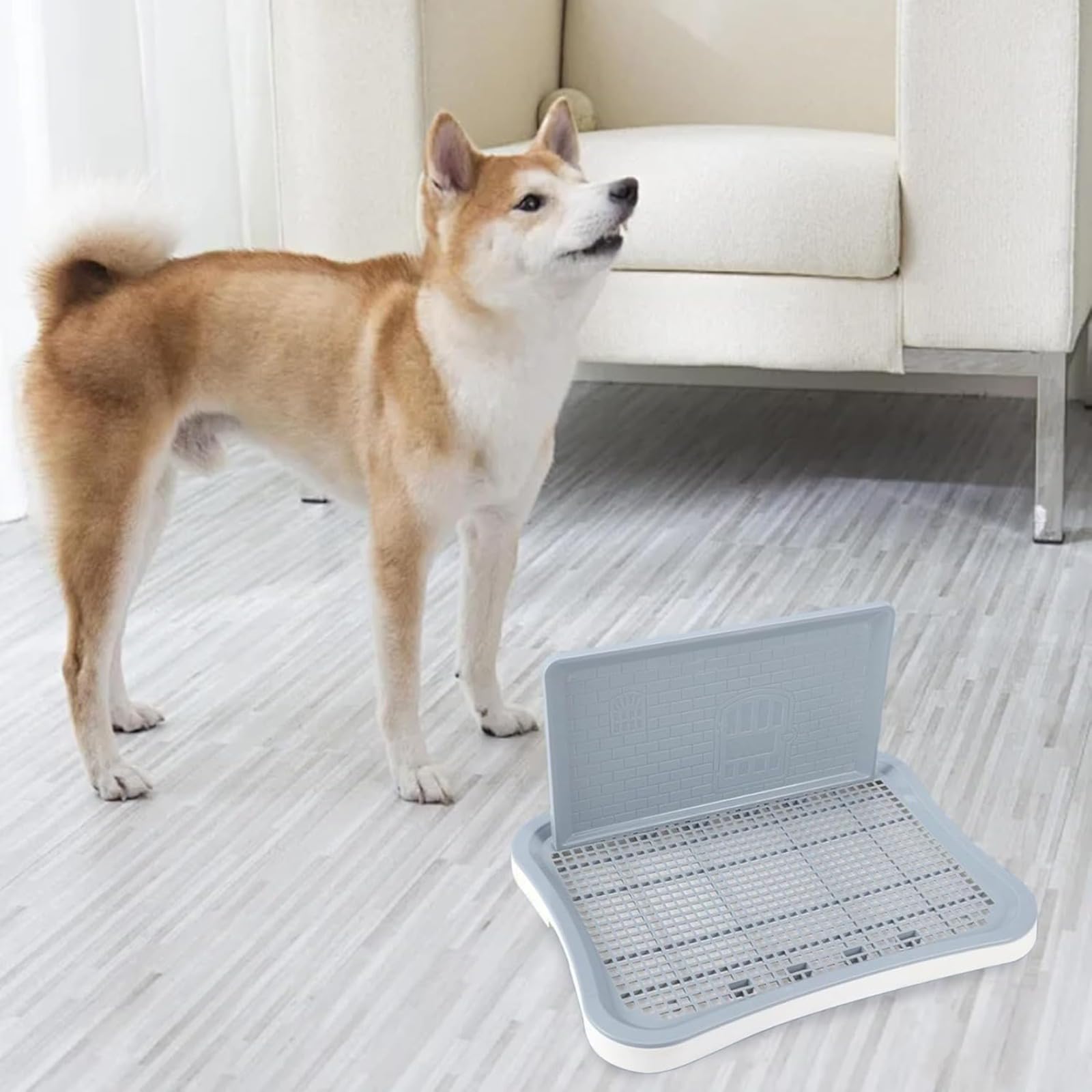 Inodoro para perros de polipropileno de capacidad con instrucciones de entrenamiento para cachorros pequeños, bandeja de arena para perros con pared alta y columna, WC para perros, blanco