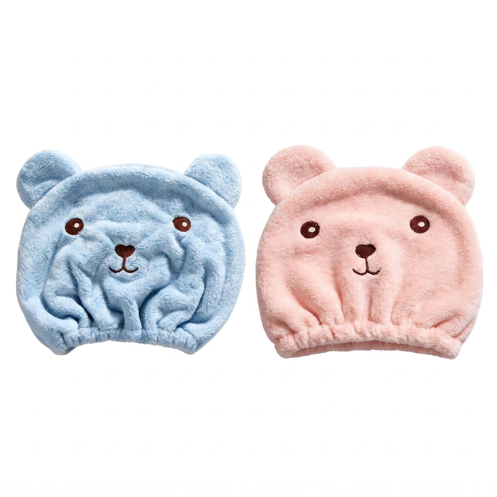 Satiskid 2 Pack Kids Hair Towel Wrap, Cute Bear Microfibre Hair Drying Turban for Girls Women, Soft Absorbent Bath Towel for Toddler, Blue & Pink 9.45 x 11.42 Inch