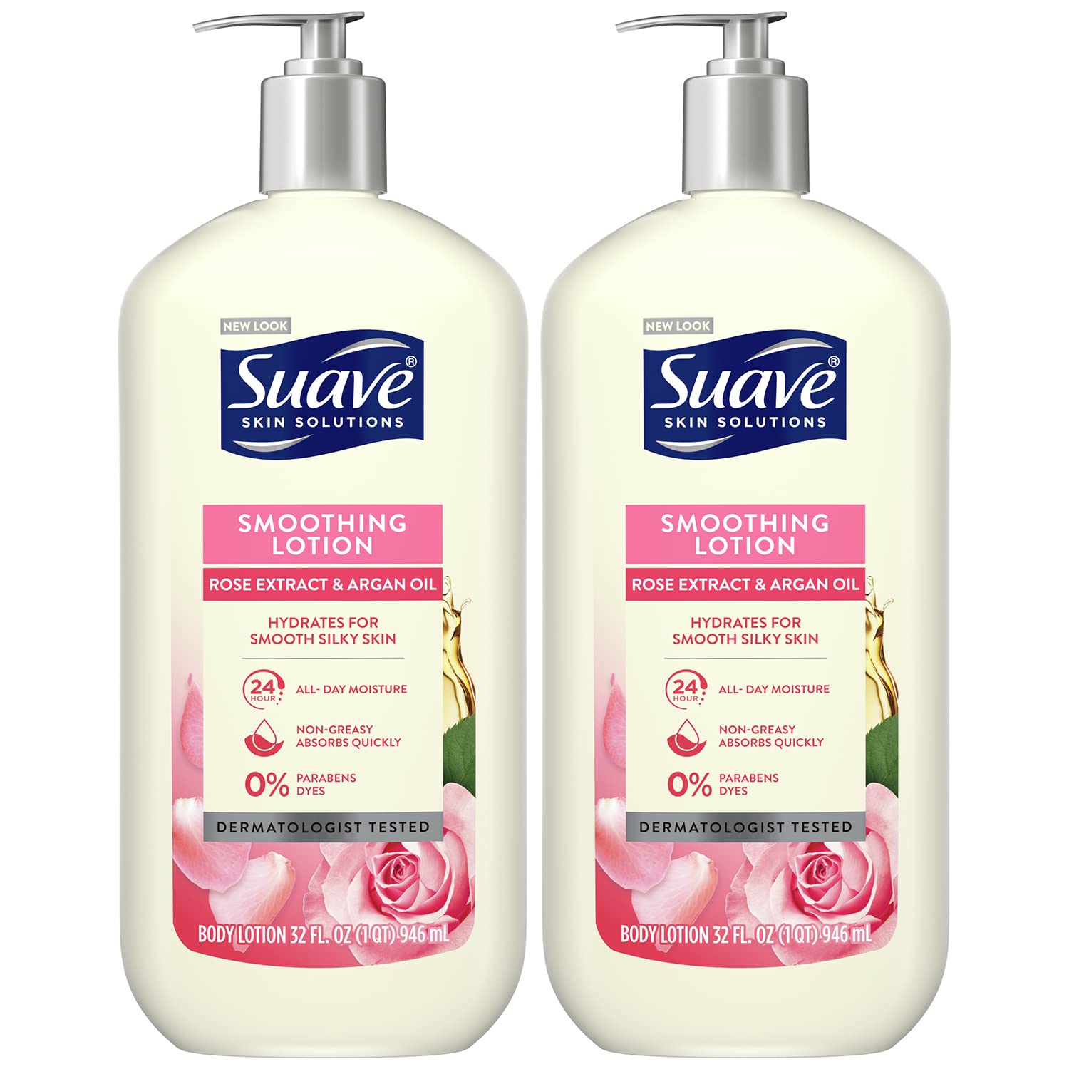 SuaveBody Lotion for Women - Smoothing Rose Extract and Argan Oil, Moisturizer for Dry Skin, Fresh and Floral Fragrance, Paraben-Free Dry Skin Lotion, 32 Oz Ea (Pack of 2)