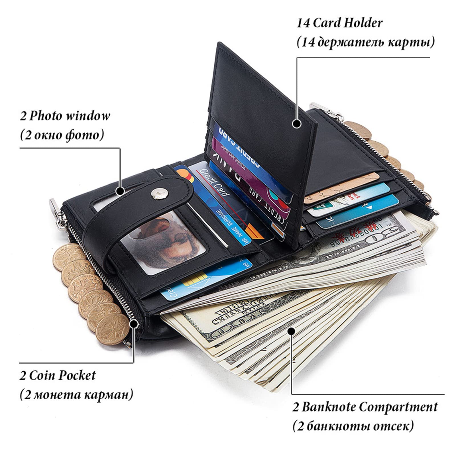 Cartera Hombre y Mujer Cuero Genuino Bloqueo RFID Billeteras Bifold con Monedero con Cremallera Botón a presión Tarjetero Ranuras Portamonedas Pequeña Carteras con Cadena Regalo