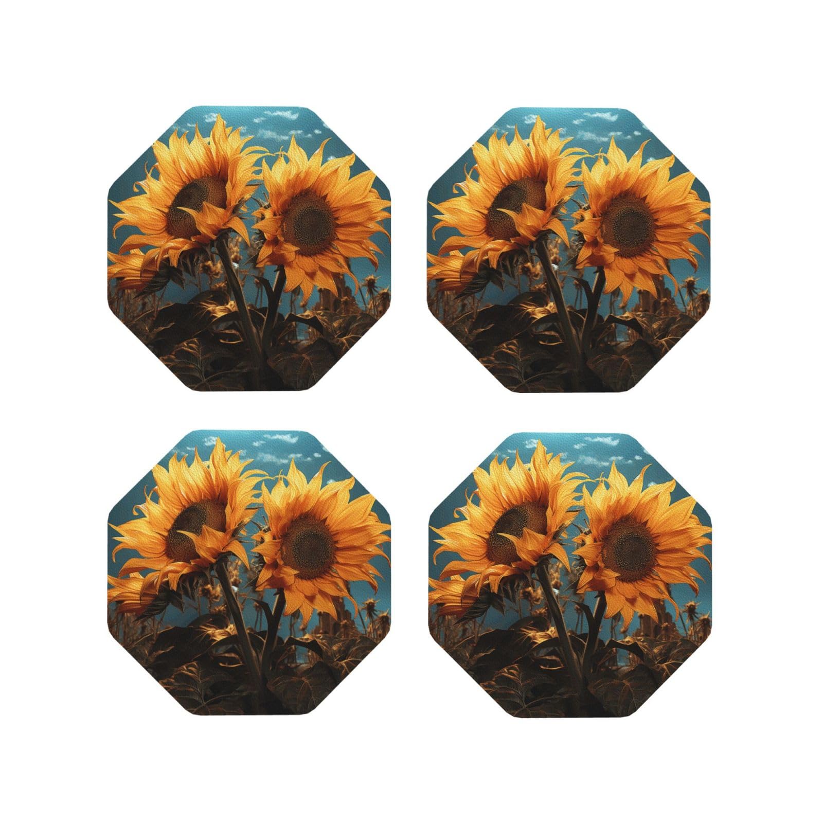 4pcs Drink Coasters for Tabletop Protection, 4" Leather Coasters for Drinks, Fantasy Sunflower Cup Coasters for Coffee Table Decor, Non-Slip Drinking Cup Mat for Hot Or Cold Drink