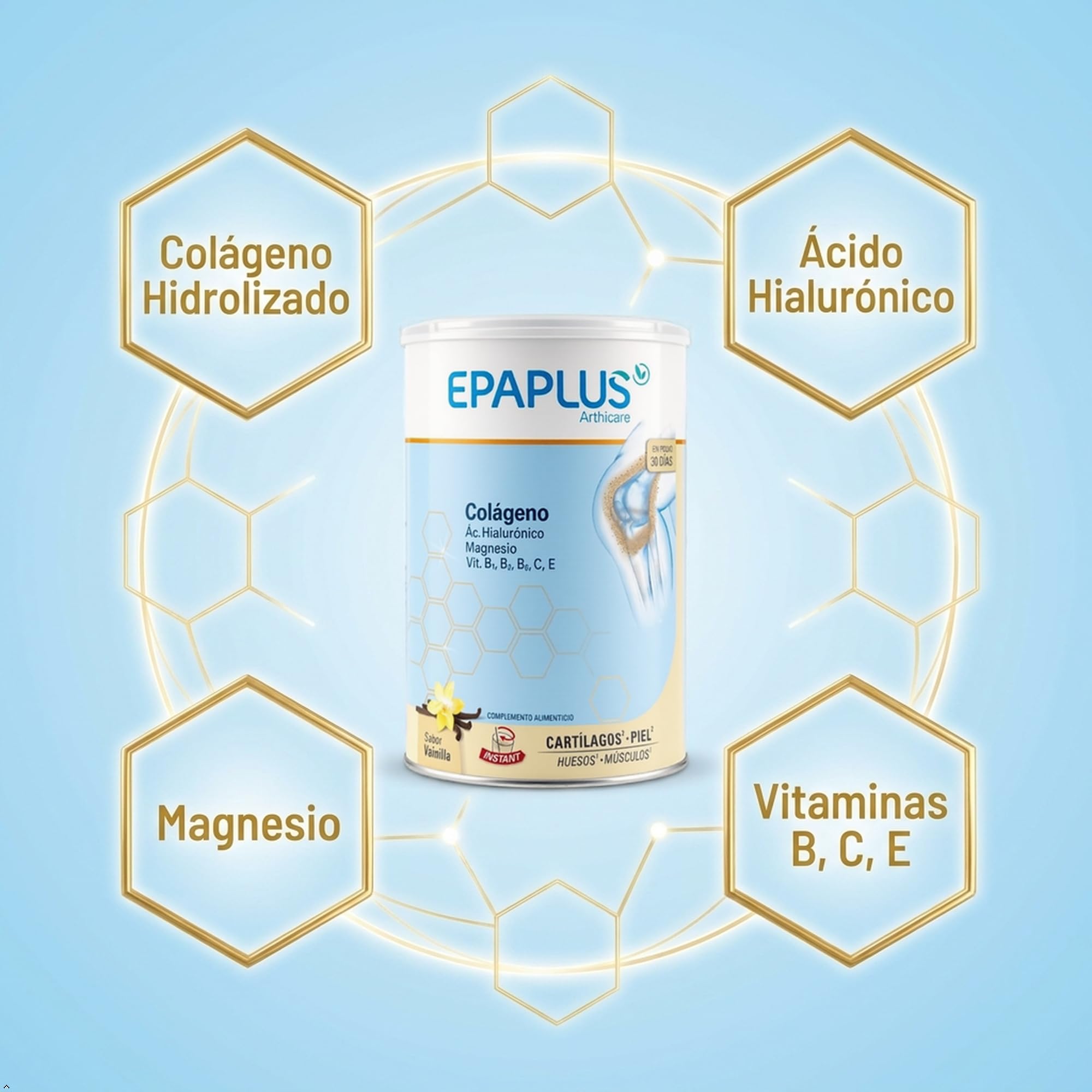 EPAPLUS Arthicare, Colágeno + Magnesio + Ácido Hialurónico, Colágeno Hidrolizado con Magnesio y Ácido Hialurónico, Polvo, Disolución Instant, Sabor Vainilla, Tratamiento 30 Días, 330 gramos