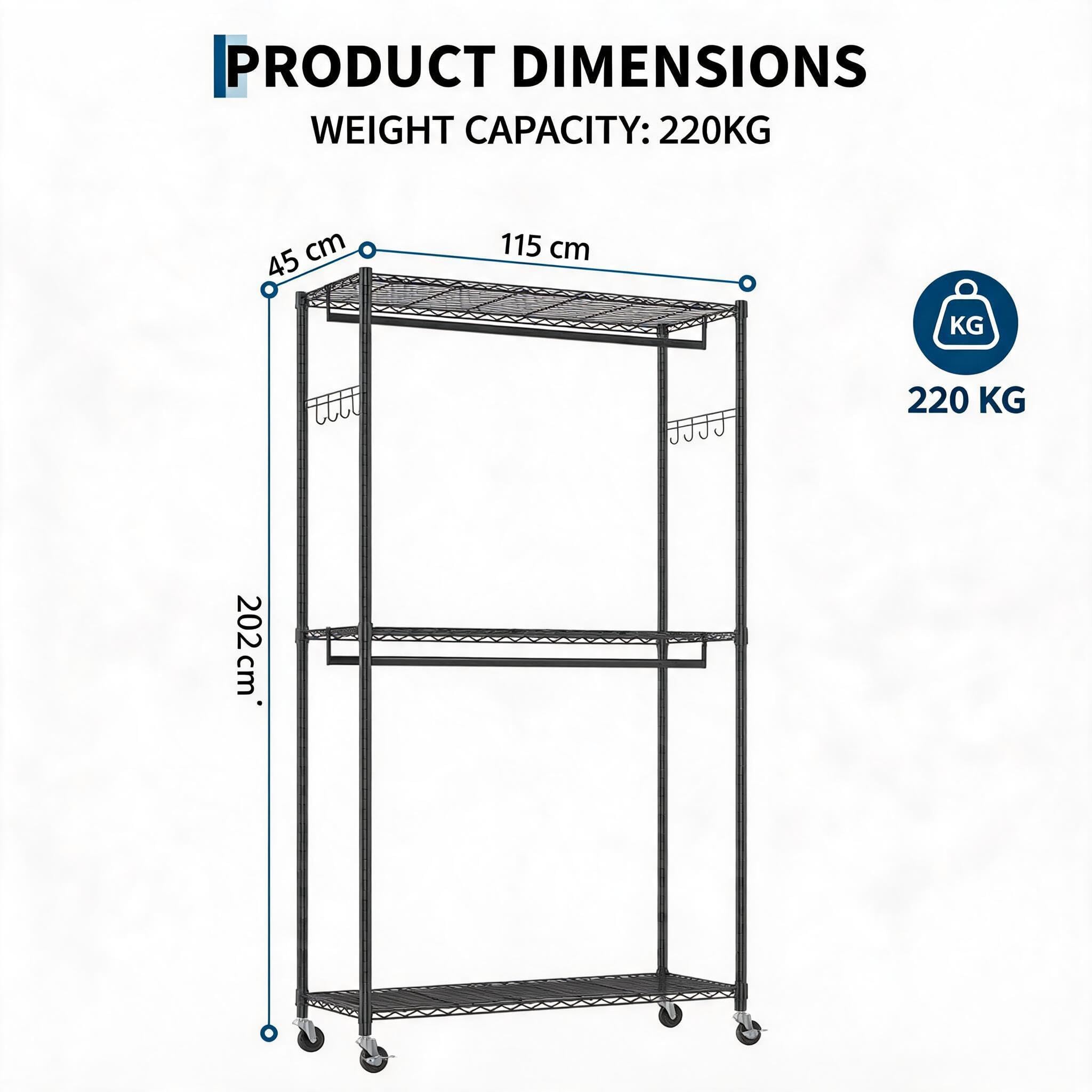 Aptliton Schwerlast Faltschrank Mit Rollen 115x45x202 cm, Kohlenstoffstahl Kleiderschrank Schwarz Freistehend, Stoffschrank Mit Kleiderstange Und 2 Ablagen, Garderobe Hohe Belastbarkeit Metallrahmen