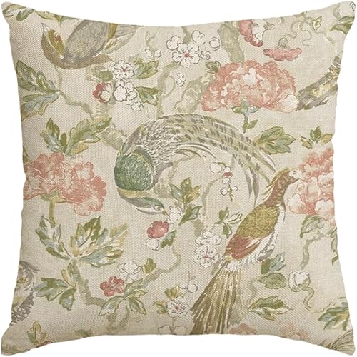 AVOIN colorlife Chinoiserie - Funda de cojín verde claro, diseño de flores, pájaros, decoración de exteriores, para sofá, sillón, granja, 18 x 18