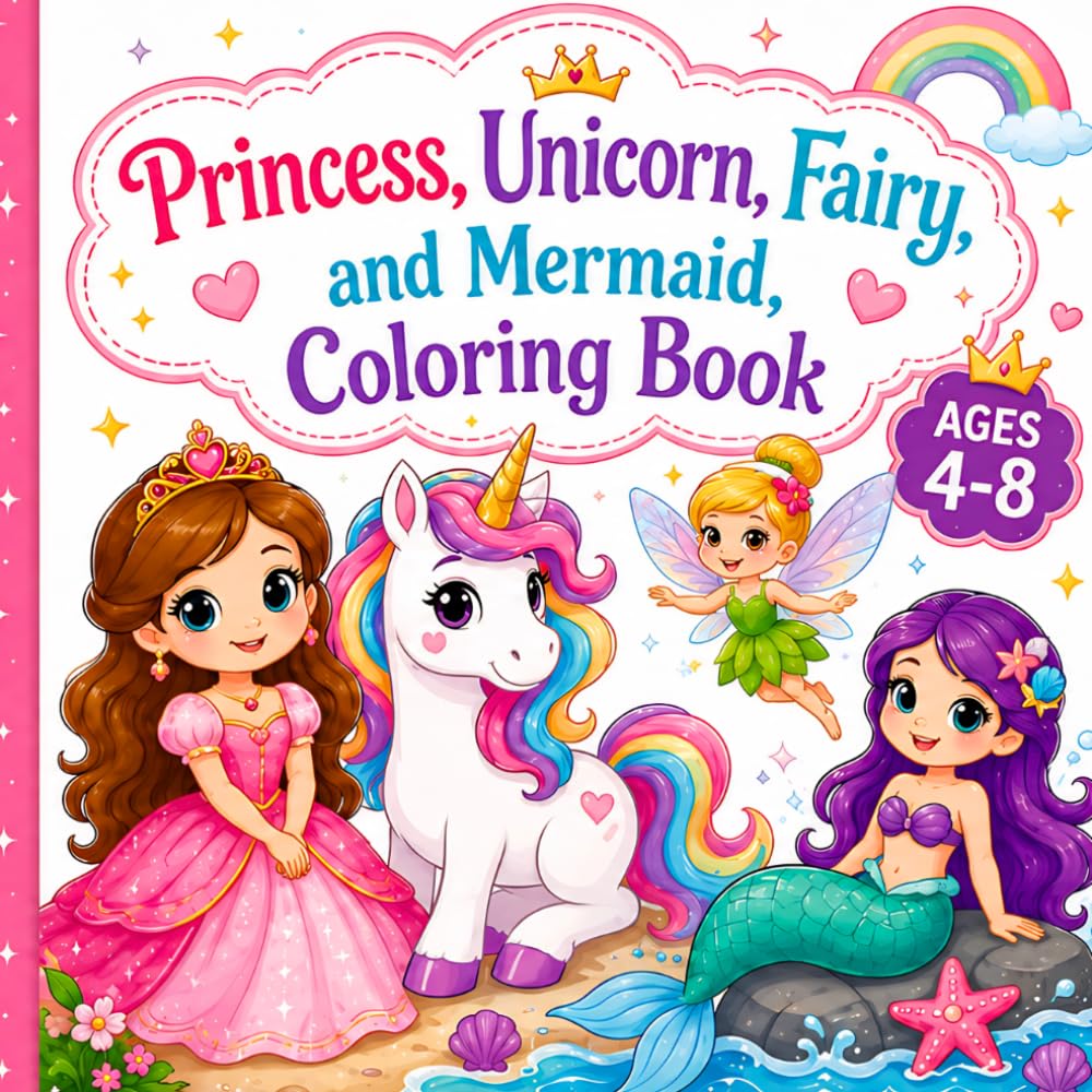 Princess, Unicorn, Fairy, and Mermaid Coloring Book: Cute and Magical Coloring Pages for Girls Ages 4-8