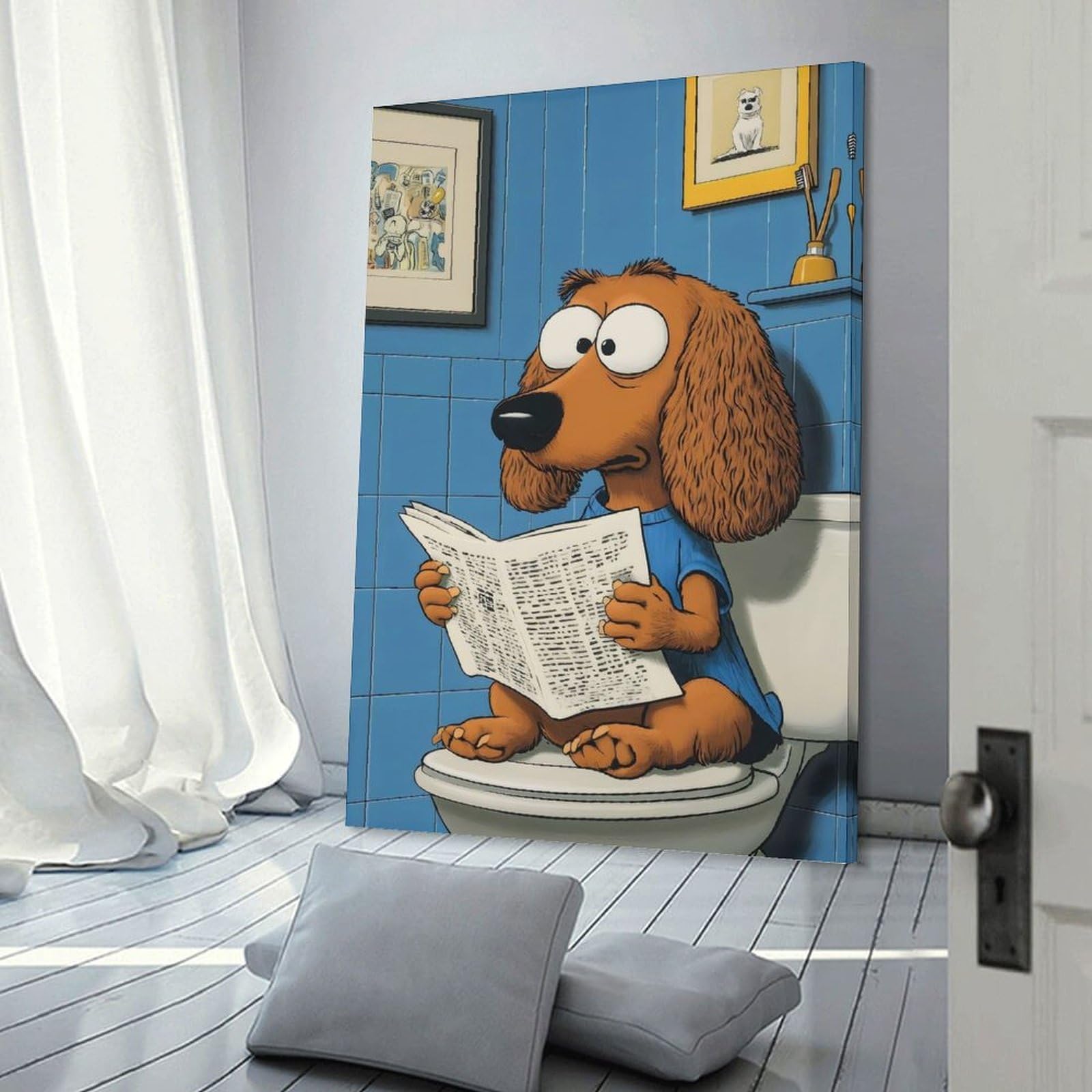 Junmoney Frame-Style-21 Wall Picture Print Cartoon Dog Reading Newspaper On Toilet, 16X24inch(40X60cm), For Wall Displays, Bedrooms Or Room Updates, Wall Decor Suited To Curated Displays