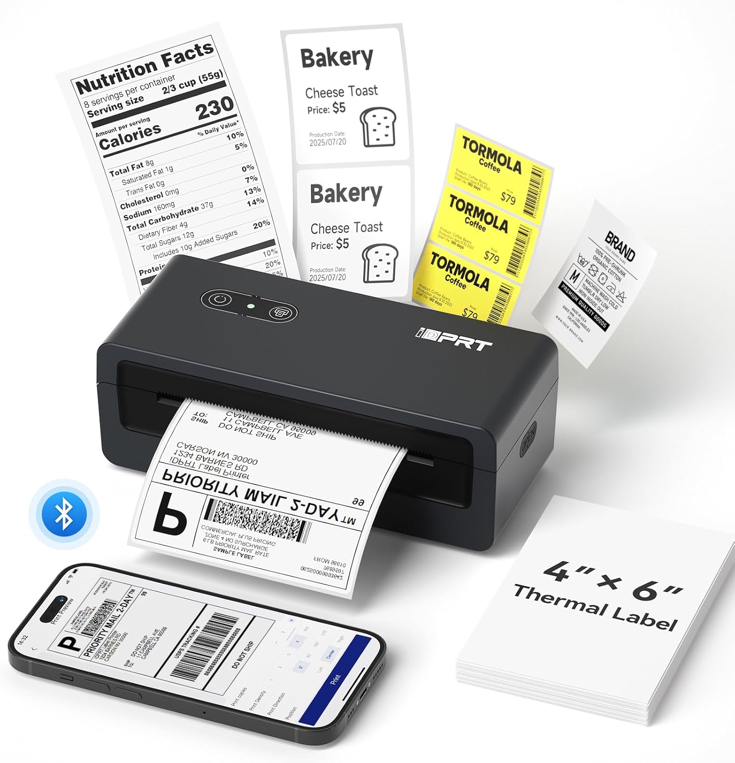 iDPRT Bluetooth Thermal Shipping Label Printer, Portabel Label Printer, Address Label Maker Machine with Tape for Small Business, 4x6 Thermal Labels Printer for Amazon, Ebay, USPS, Shopify, Etsy, etc