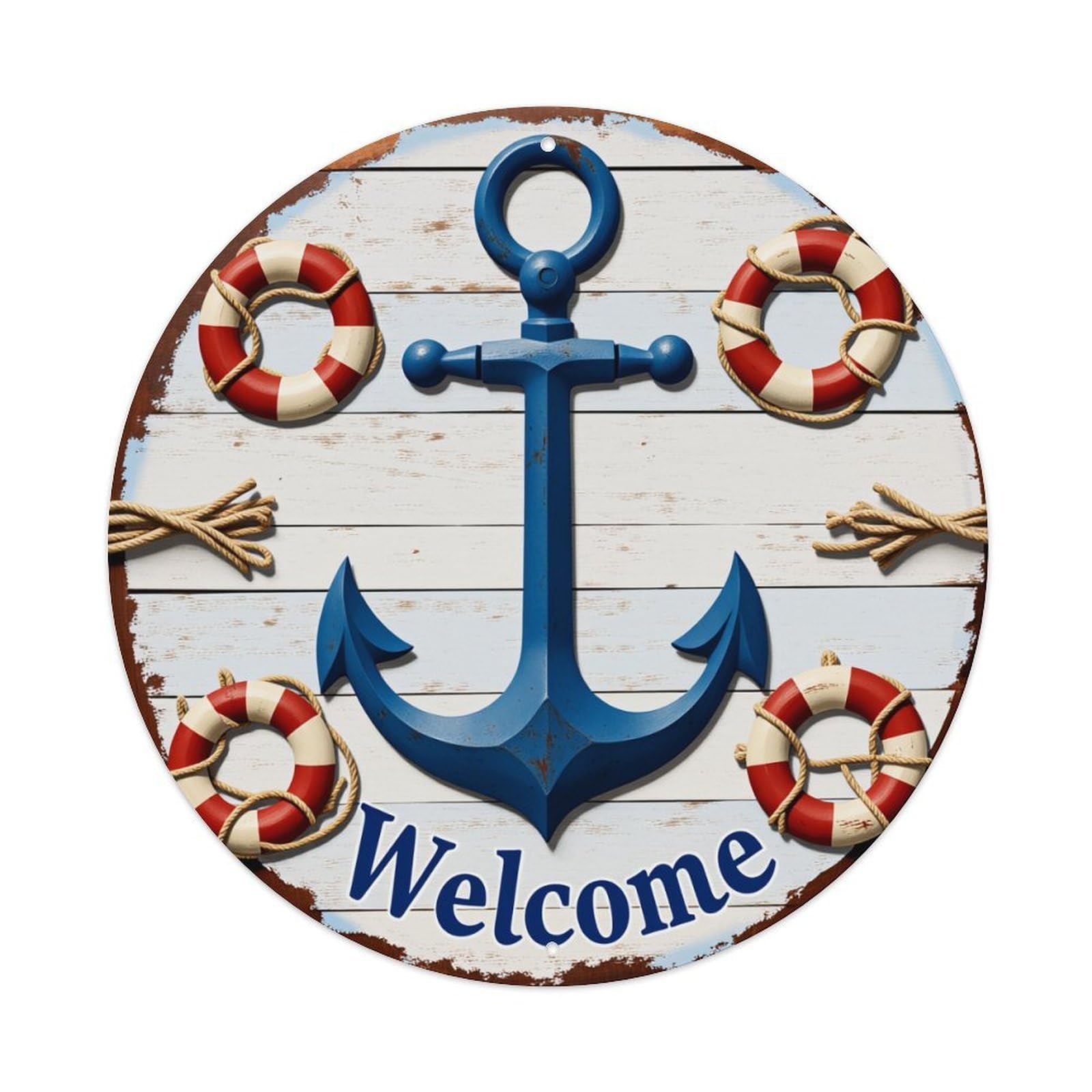 Nautical Anchor Lifebuoys Rope Welcome Round Tin Sign Vintage Metal Poster, Home Bar Garage Man Cave Cafe Indoor & Outdoor Wall Decoration 8x8Inches