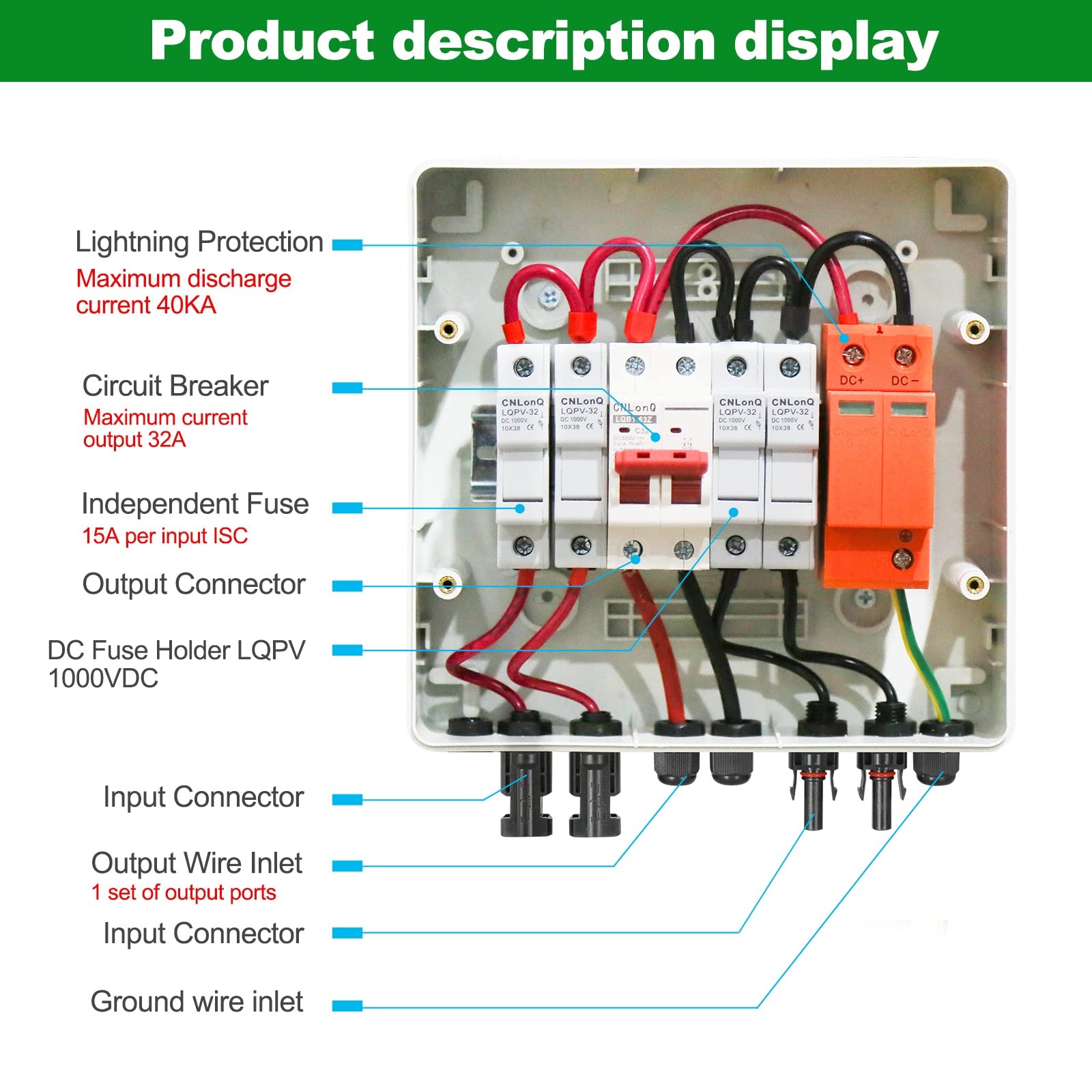 BuyWeek Caja Combinadora Fotovoltaico Solar 500V 32A PV Combiner Box con Protector Sobretensiones, Interruptor de Circuito DC, 2 String, IP65 Impermeable, para Sistemas Solares Fotovoltaico