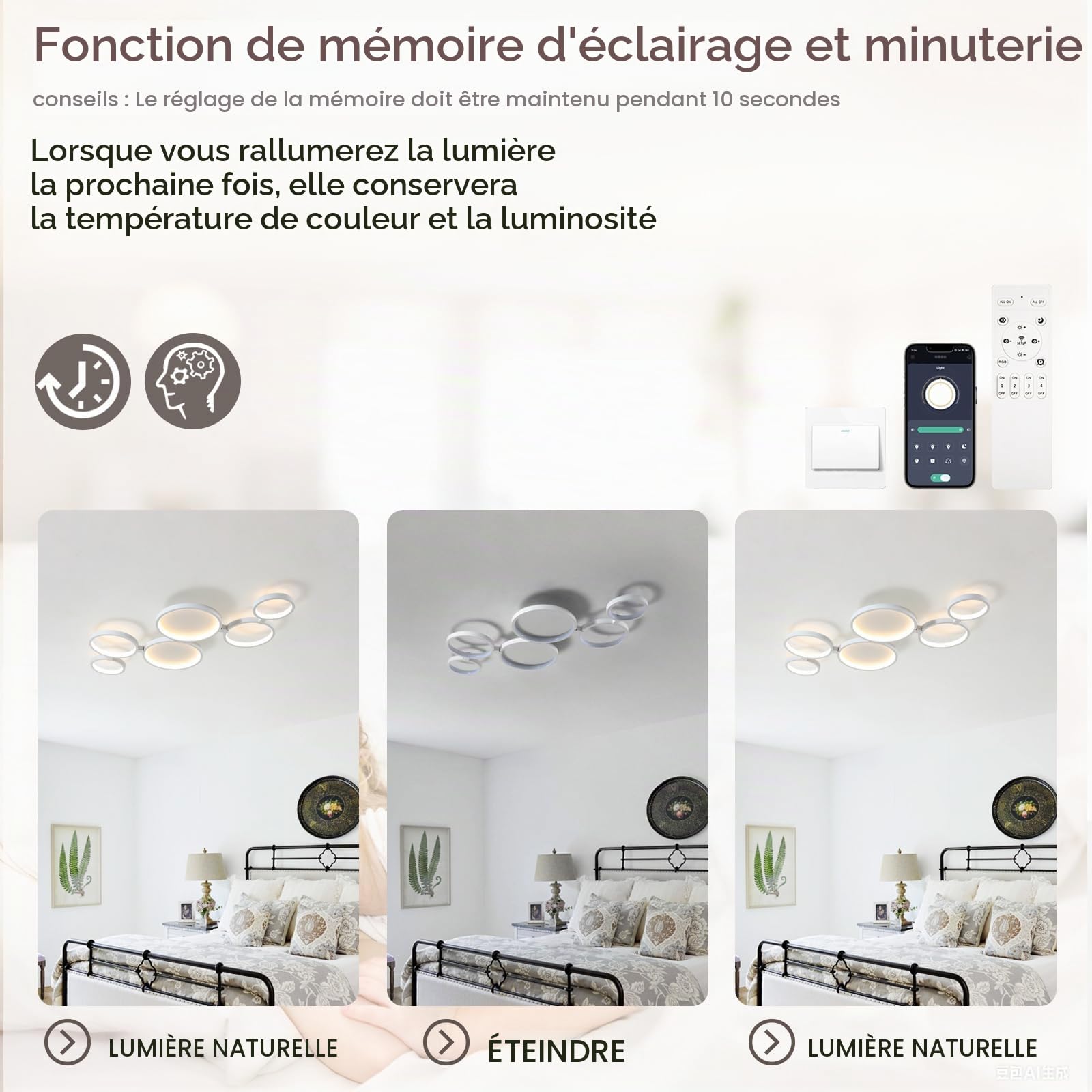 Plafonnier Led Dimmable Moderne 95 Cm 6 Anneaux, Luminaire Lustre Led Plafond Design Avec TéLéCommande, Éclairage Sans Scintillement, Fonction MéMoire, Pour Salon Chambre Bureau(Blanc)