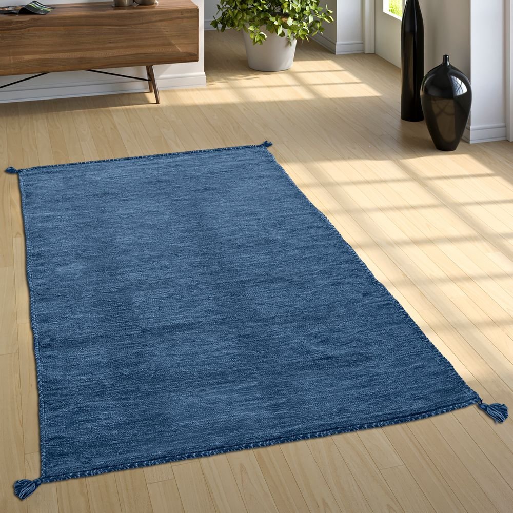 Paco Home Wohnzimmer Natur Teppich m. Fransen, Moderner Handgewebter Kelim, 100% Baumwolle, Grösse:160x220 cm, Farbe:Blau