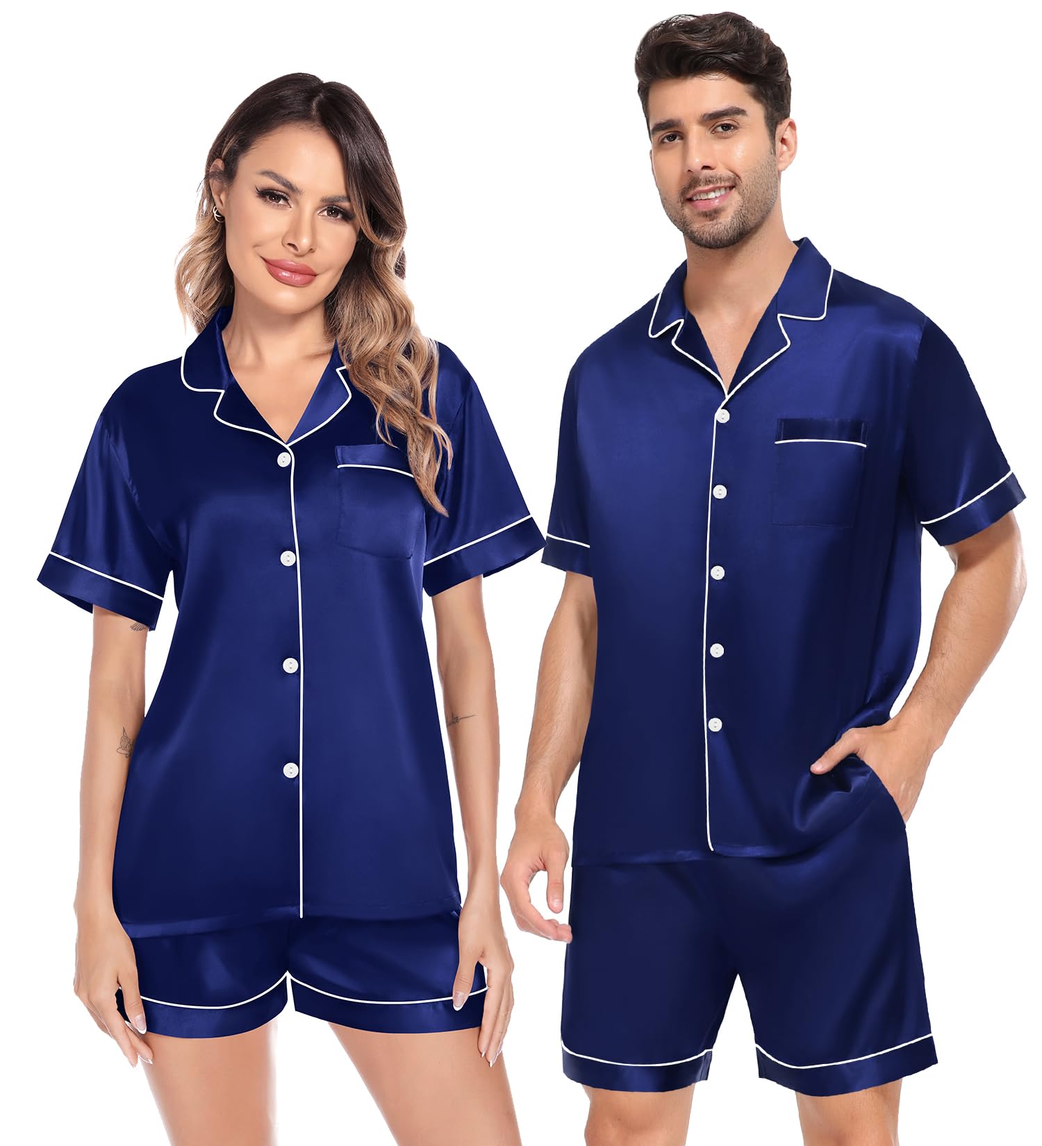 SWOMOG Satin Matching Pajamas Sets Couple Silk Button Down Nightwear Women &amp; Men Short Sleeve Sleepwear 2 Pieces Loungewear
