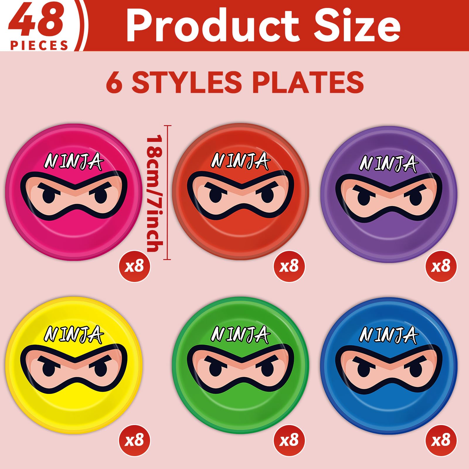 ojustbeok Ninja Birthday Party Supplies Ninja Warrior 7 Inch Paper Plates Party Decorations Ninja Master Dessert Plates Colorful Karate Dinnerware for 48 Guest Kids Boys Girls Birthday Party Favor