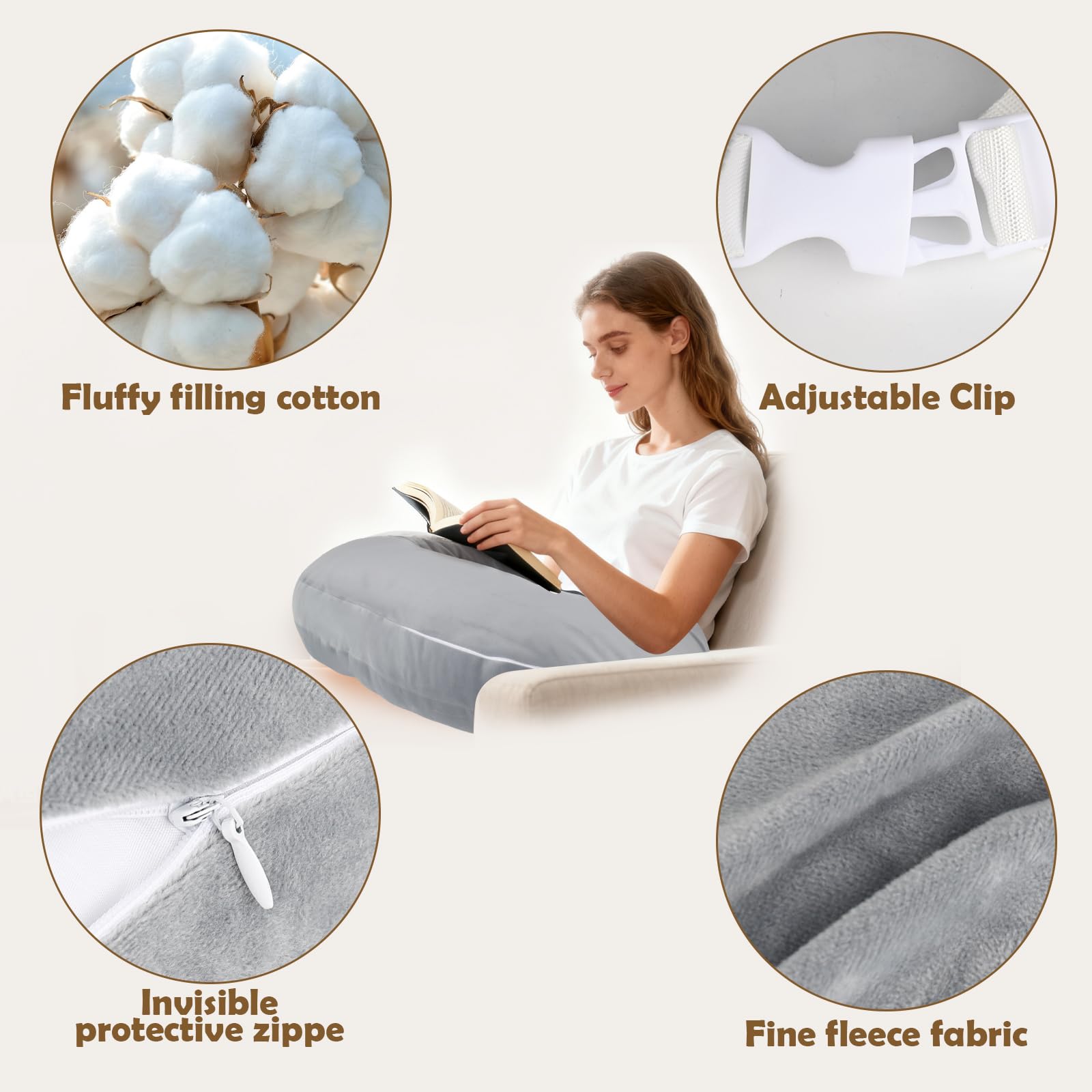 PYserne Reading Gaming Cushion for Lap,Cuddle Cushion Ergonomic U-Shaped with Elbow Rest Washable Cover for Crocheting Working Gaming Improve Sitting Posture Reduce Fatigue Grey - Image 3