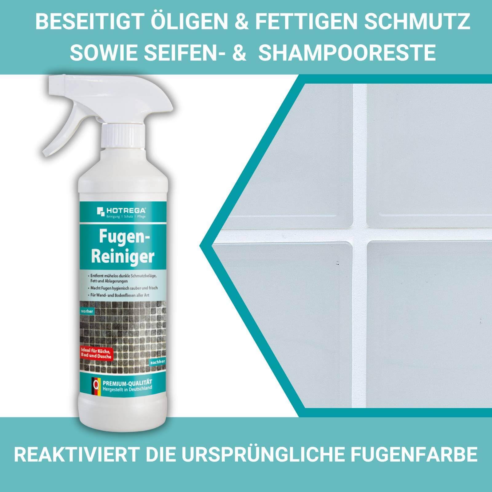 HOTREGA Fugenreiniger 500ml + Fugenimprägnierung 1L | Set für zementäre | Tiefenreinigung & Schutz | Unsichtbare Versiegelung gegen Kalk, Fett, Nässe | Ideal für Bad, Dusche, Küche | Lösemittelfrei