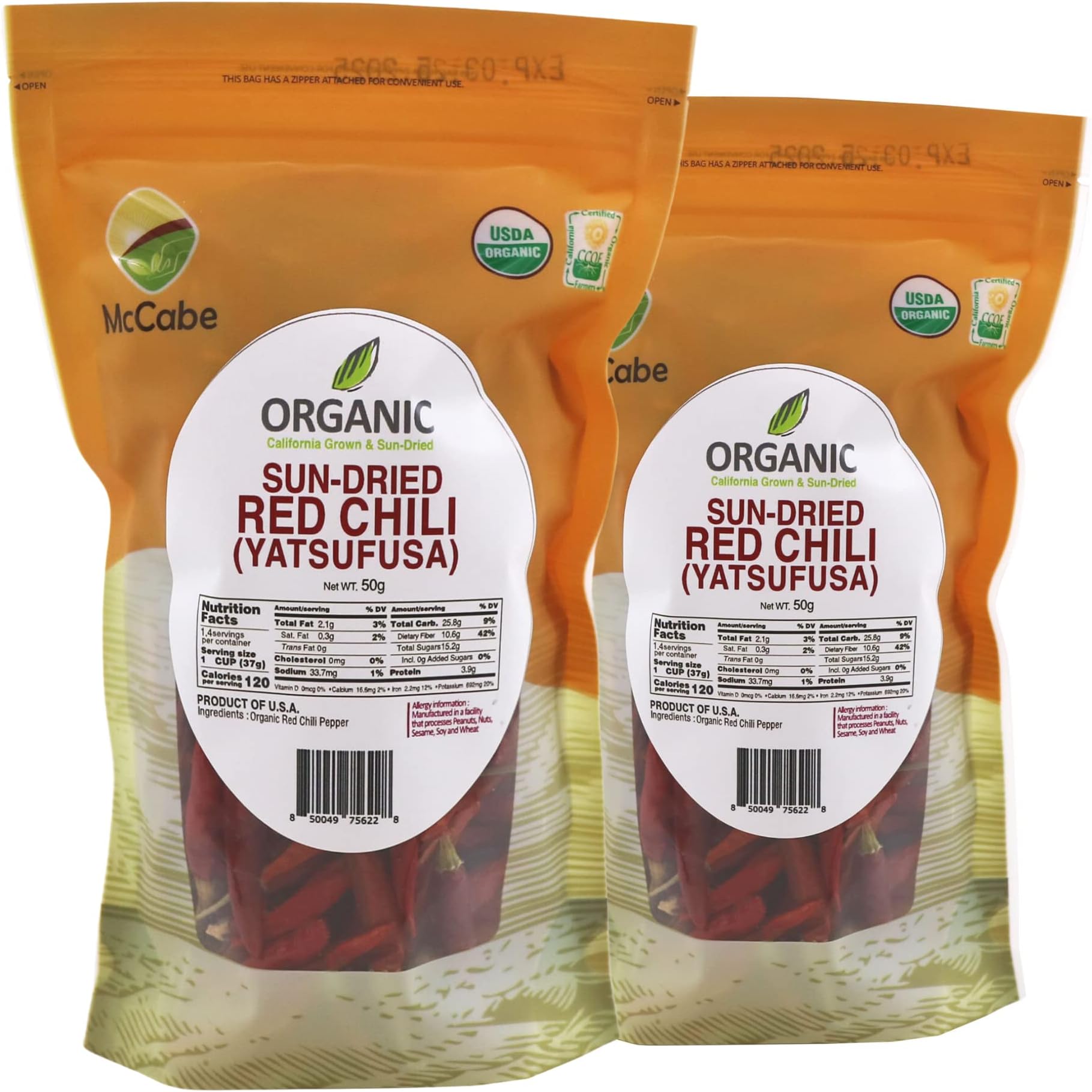 McCabe Organic Sun-Dried Red Chili Pepper - Dried Korean Variety Chili Peppers | Rich with Vitamin D & Minerals | USDA and CCOF Certified | Product of USA | 50g (Korean Variety) Pack of 2.