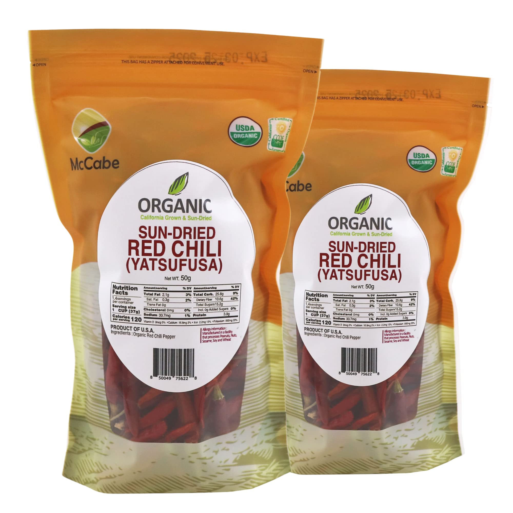 McCabe Organic Sun-Dried Red Chili Pepper - Dried Korean Variety Chili Peppers | Rich with Vitamin D & Minerals | USDA and CCOF Certified | Product of USA | 50g (Korean Variety) Pack of 2.USDA Organic