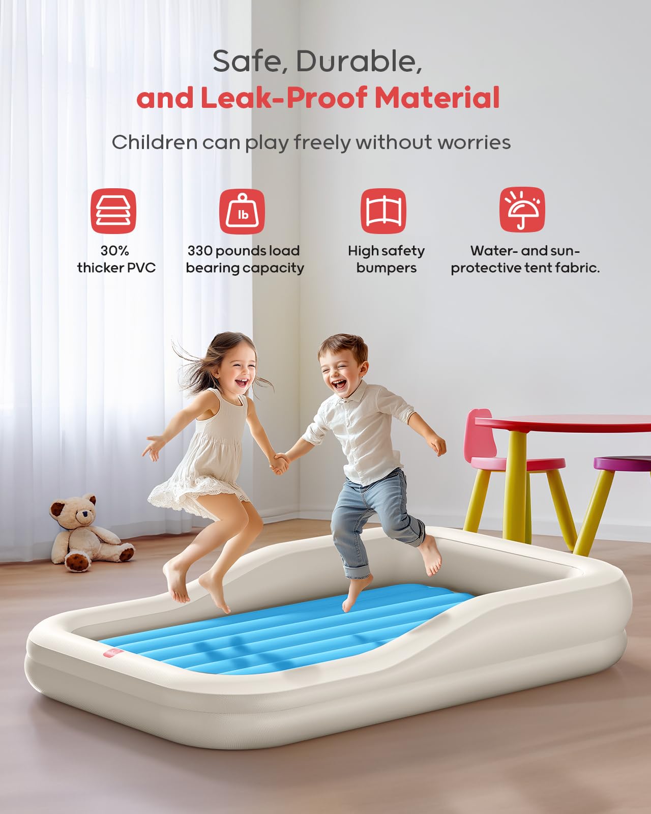 QPAU Inflatable Toddler Travel Bed, color caqui y azul