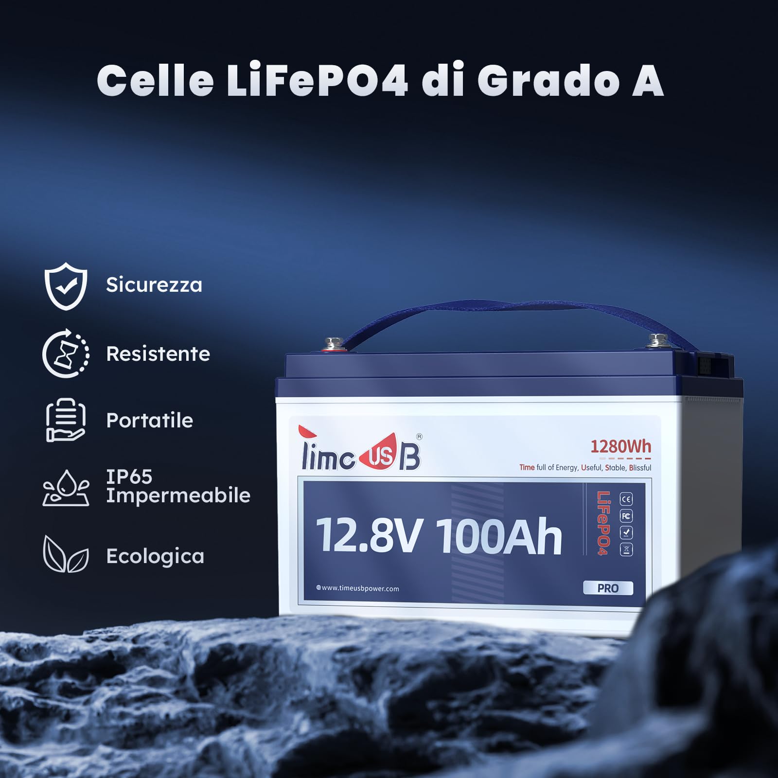 Timeusb 12V 100Ah Gruppo31 Batteria LiFePO4 Ciclo Profondo per Camper | 1280Wh,BMS 100A,4000-15000 Cicli,Max.4P4S Ideale per Camping, Applicazioni Off-Grid e Accumulo Solare Domestico