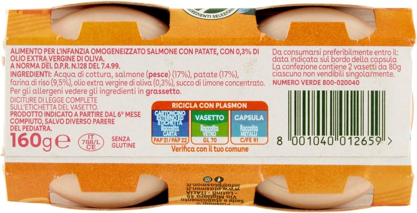 Plasmon Pesce Salmone con Patate, 12x (2x 80g), Mit ausgewählten Zutaten, 100% natürlich, Ohne Stärken und Salz hinzugefügt + Italian Gourmet polpa 400g