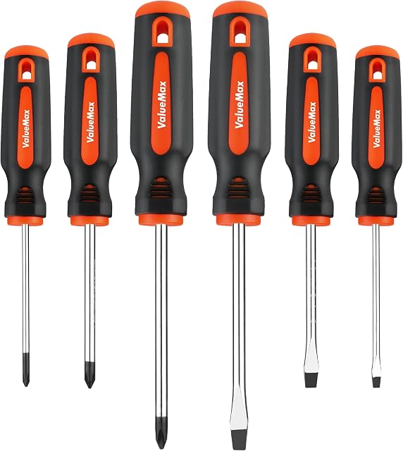 ValueMax 6-Piece Magnetic Screwdriver Set, 3 Phillips and 3 Flat Tip Screwdrivers, Non-Slip Handle Screw Driver Set Kit