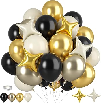 Black Gold Balloons, 50pcs Black White Gold Balloons With Metallic Balloon Sand Cream White 4 Point Star Foil Balloon For New Year Birthday Baby Shower Party Wedding Engagement Retirement Celebratio