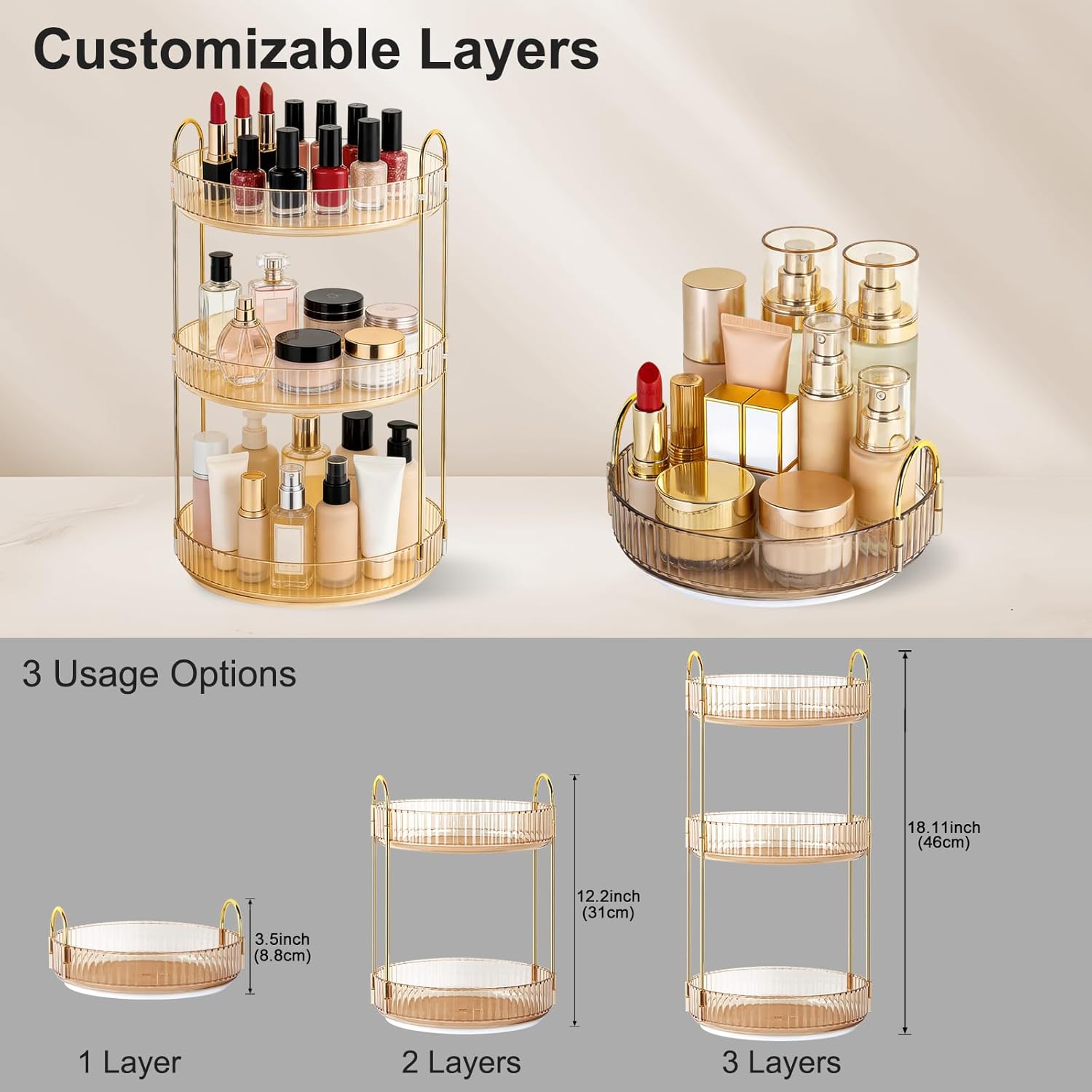 360 Rotating Makeup Organizer for Vanity, 3 Tier Perfume Skincare Organizers and Storage for Bathroom Countertop, Large Capacity Clear Spinning Counter Cosmetic Holder for Dresser, Amber Gold