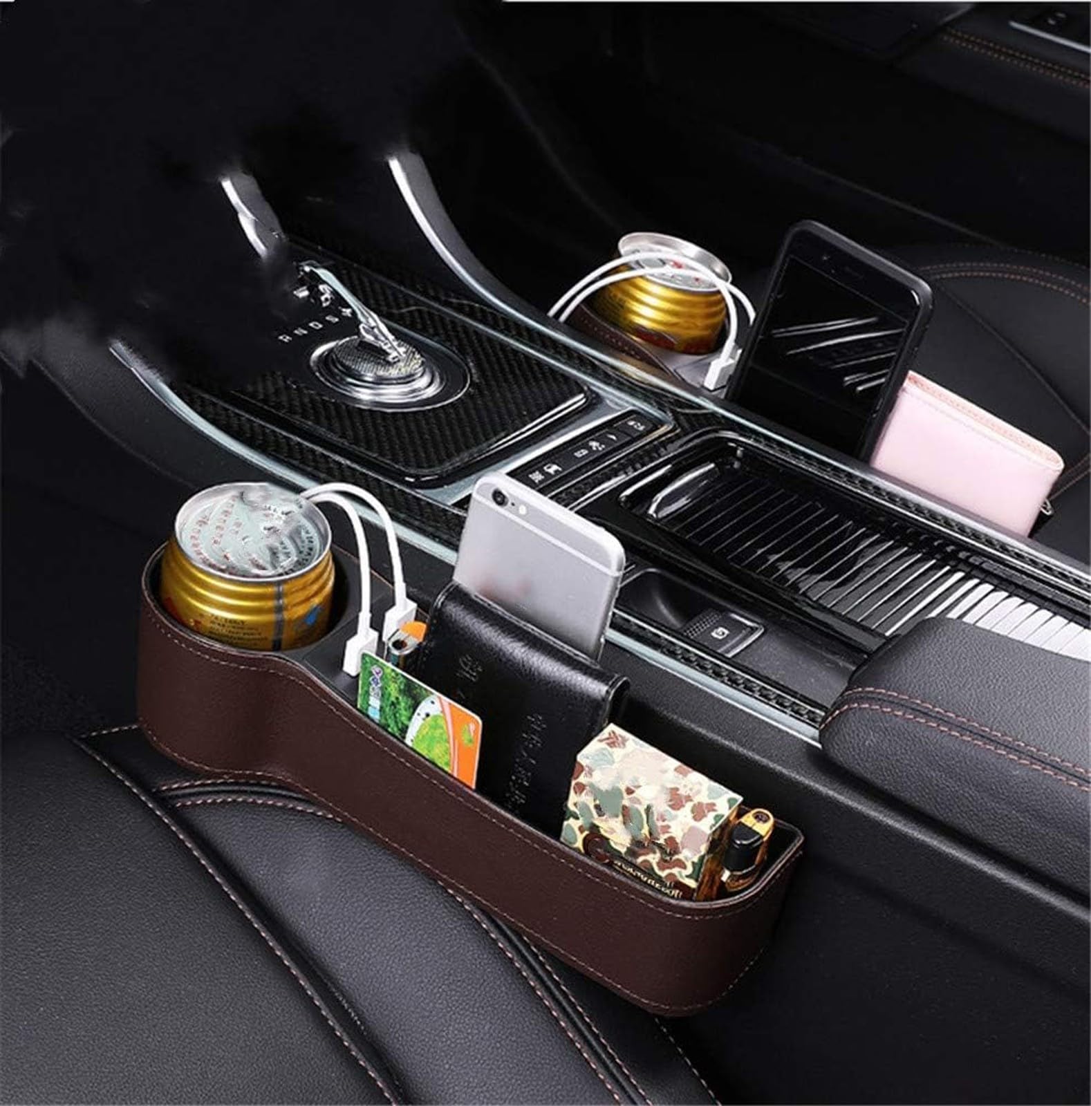 Caja Almacenamiento Asiento Coche, Organizador Cuero PU Asiento Coche, Organizador Relleno Huecos Laterales Asiento Coche, Orden Almacenamiento Bolsillo Hueco AutomáTico(Brown,Co-Pilot)