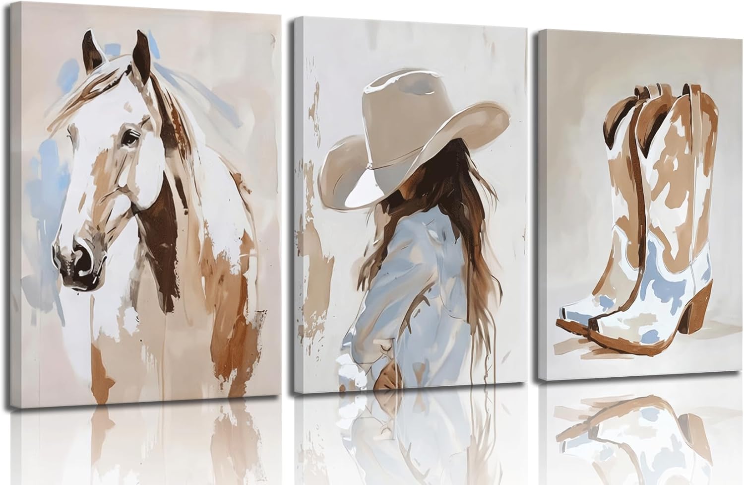 3Pcs Framed Cowgirl Canvas Wall Art horse pictures wall decor cowboy boot Wall Decor Pictures western girls bedroom Poster Prints for Room Bedroom Dorm Home Decoration 16x24in