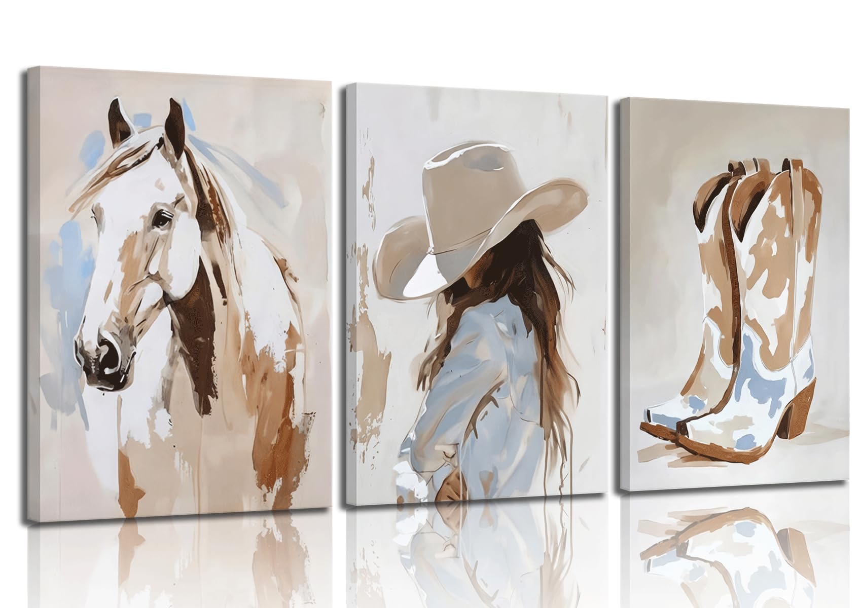 3Pcs Framed Cowgirl Canvas Wall Art horse pictures wall decor cowboy boot Wall Decor Pictures western girls bedroom Poster Prints for Room Bedroom Dorm Home Decoration 12x16in