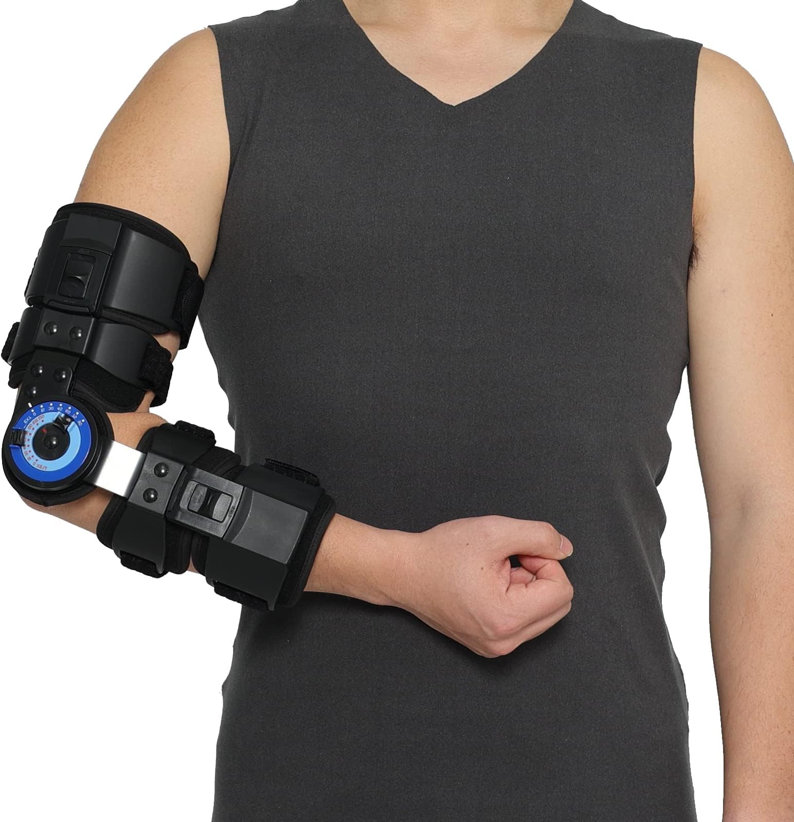 Orthomen Hinged ROM Elbow Brace, Adjustable Post OP Elbow Brace Stabilizer Splint Arm Injury Recovery Support After Surgery (Right)