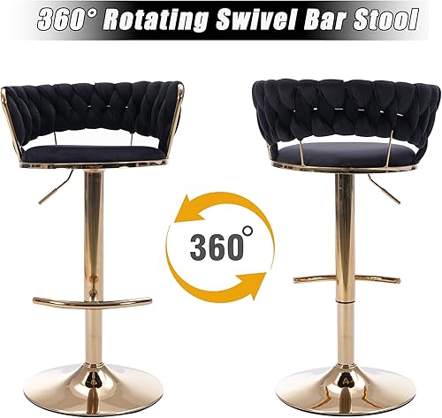 Miniatura 5 de Juego de 2 taburetes de bar de terciopelo giratorios con base de metal dorado, taburetes de bar modernos de altura de mostrador para cocina, pub,
