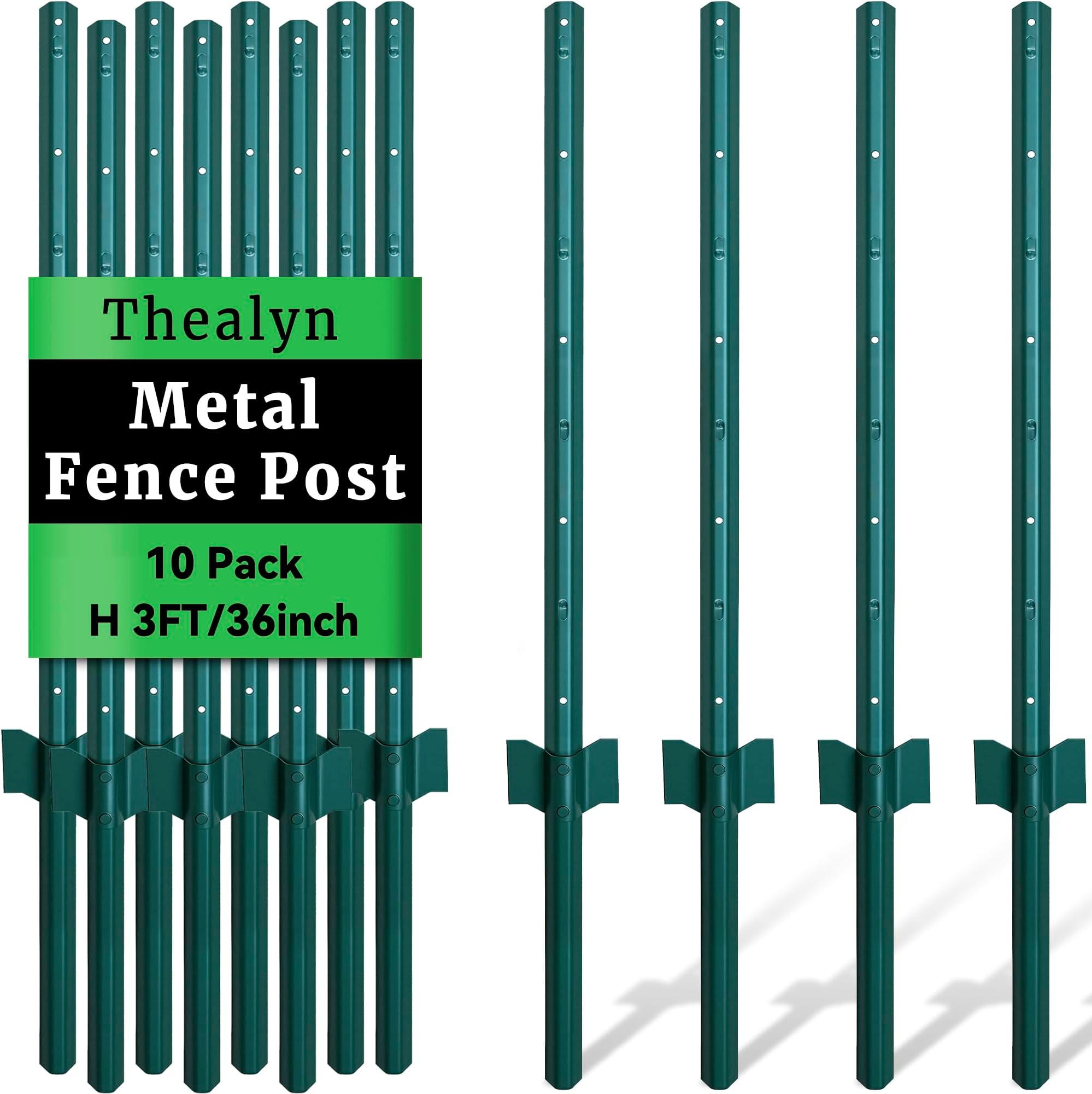 Metal 10Pack 3FT Fence Posts for Wire Fencing Heavy Duty U Post | No-Dig Fence Stakes for Temporary Fencing, Corner Anchor Posts, Rustproof Powder-Coated Steel for Farm, Yard & Garden
