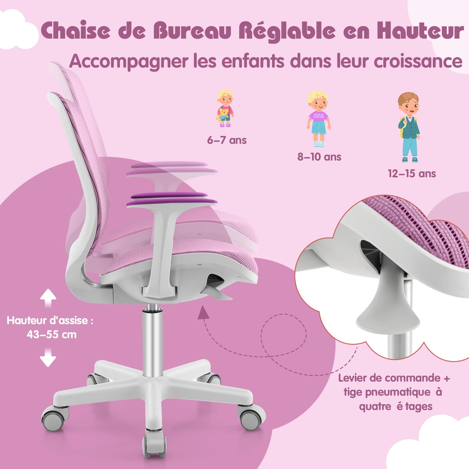 DREAMADE Chaise de Bureau Ergonomique Enfant 6-15Ans,Siège de Bureau à roulettes avec Hauteur Réglable&Dossier en Maille Respirante&Verrouillage Automatique,Charge 75KG (Violet)