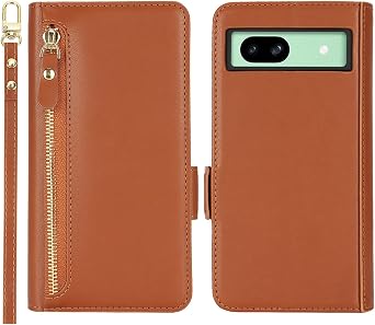 for Google Pixel 8a Phone Case with Card Holder for Women Men,Phone Case Wallet for Pixel 8a with Wrist Strap,PU Leather Zipper Pocket Credit Card Slots Flip Cover,Brown