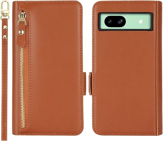 for Google Pixel 8a Phone Case with Card Holder for Women Men,Phone Case Wallet for Pixel 8a with Wrist Strap,PU Leather Zipper Pocket Credit Card Slots Flip Cover,Brown