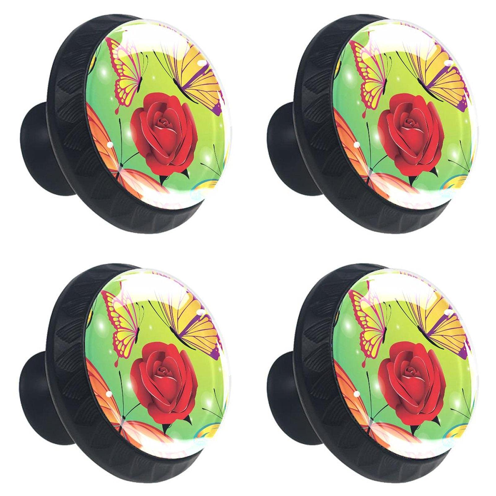 Boutons de tiroir en verre de qualité supérieure avec motif floral rouge rosé