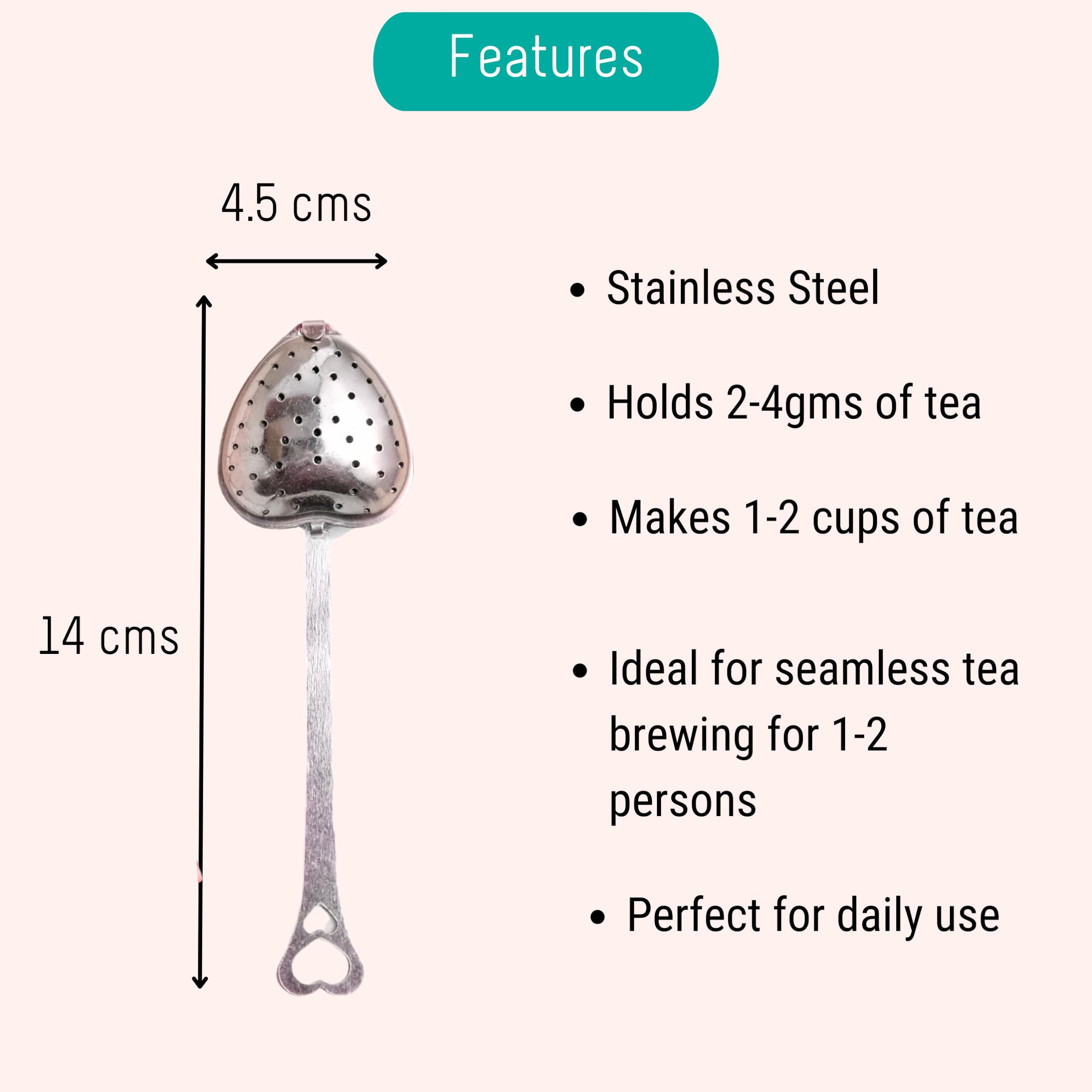 OH CHA - Tea Infuser, Stainless Steel - Heart Shaped | Tea Strainer for Everyday Use, Loose Leaf Tea | BPA Free, Durable | Used as Green Tea Infuser | Tea Filter, Tea Maker | 14cms 1