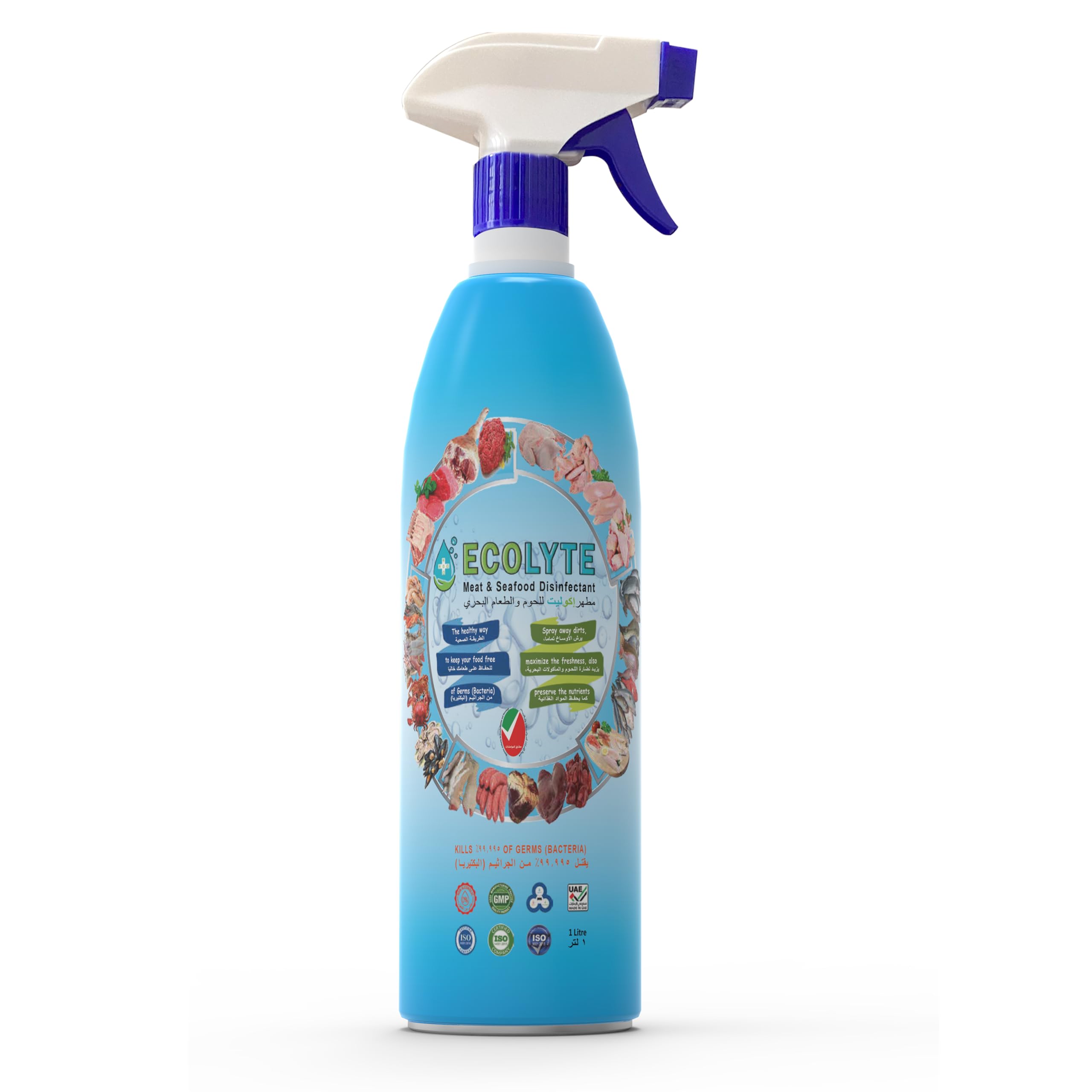 ECOLYTE+ Meat & Seafood Disinfectant, HOCL, Hypochlorous Acid Cleaner, Electrolyzed Water, 100% Natural, Odor Removal, Extend Freshness, Kills 99.99% of Bacteria & Viruses, Non-Toxic (1 Liter)
